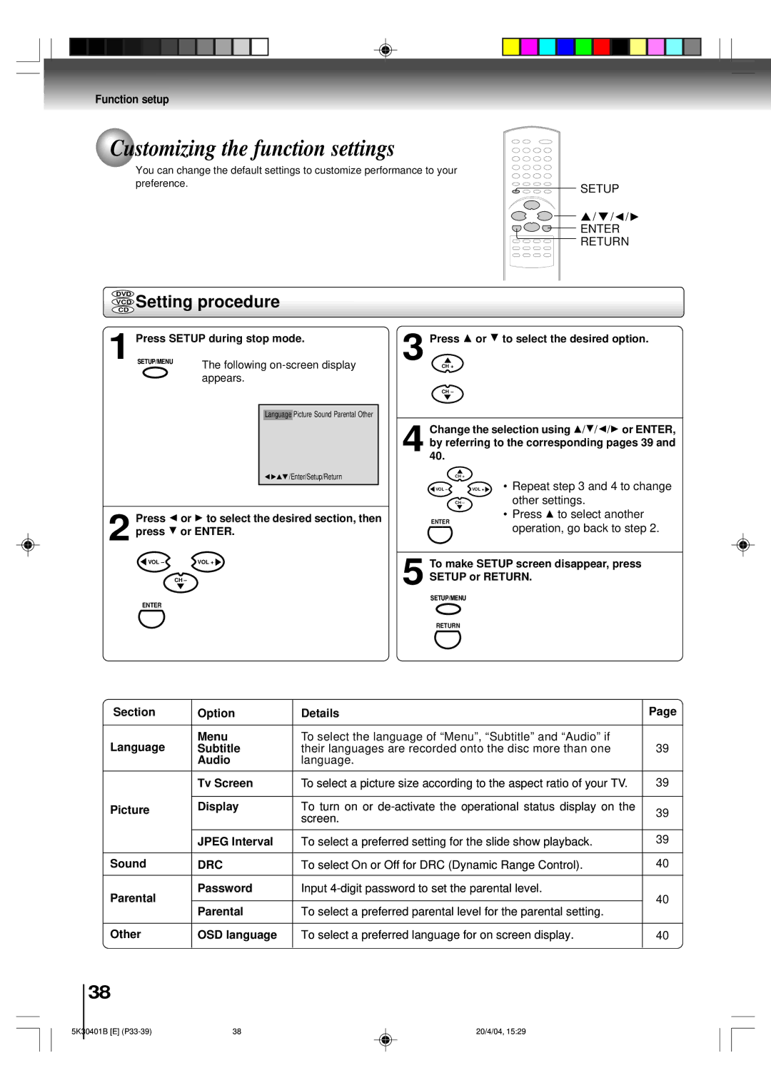 Toshiba MD13P1 owner manual Customizing the function settings, VCD Setting procedure 