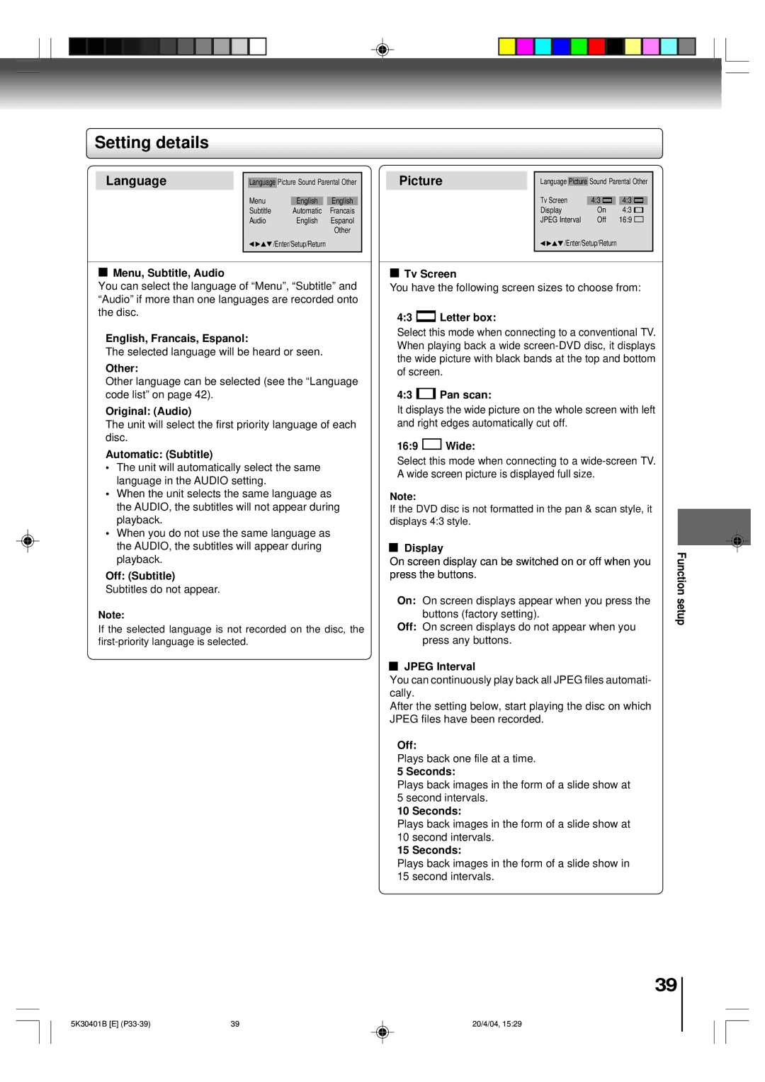 Toshiba MD13P1 owner manual Setting details 