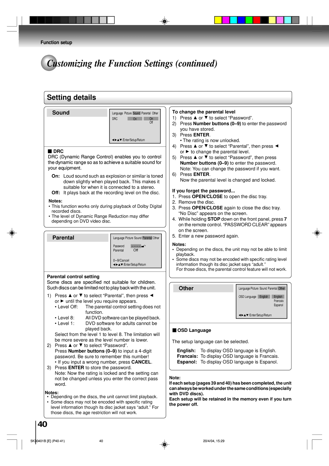 Toshiba MD13P1 Drc, To change the parental level, If you forget the password, Parental control setting, OSD Language 