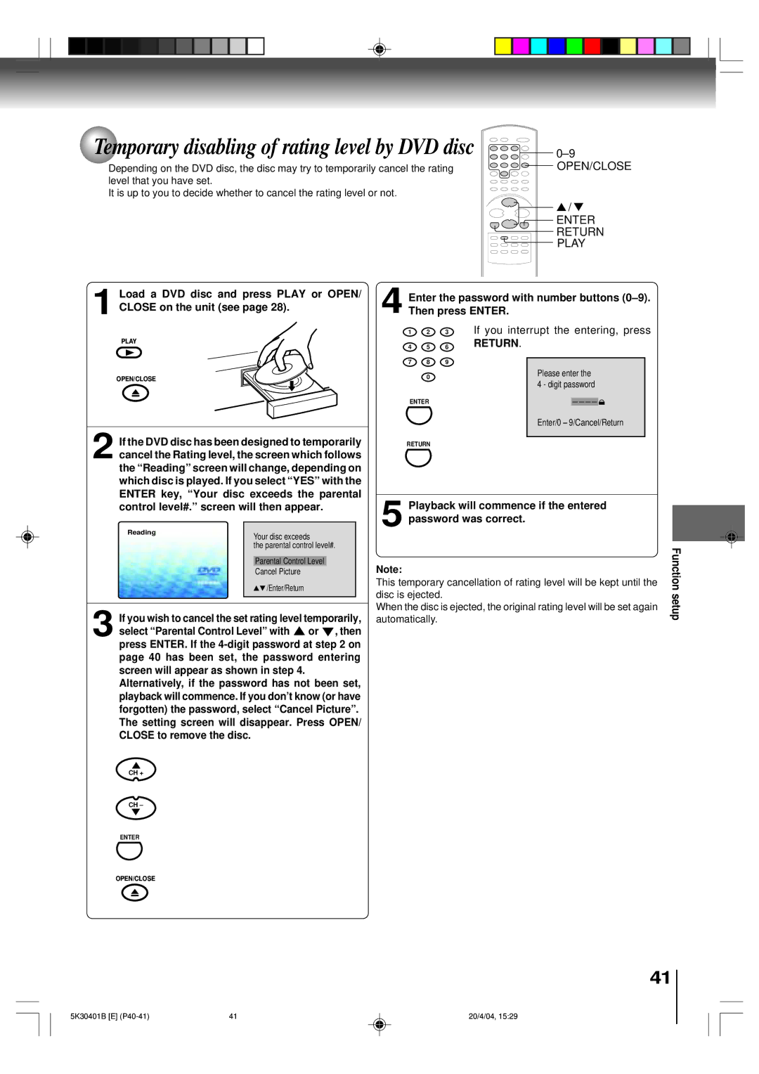 Toshiba MD13P1 owner manual Return, Playback will commence if the entered password was correct 