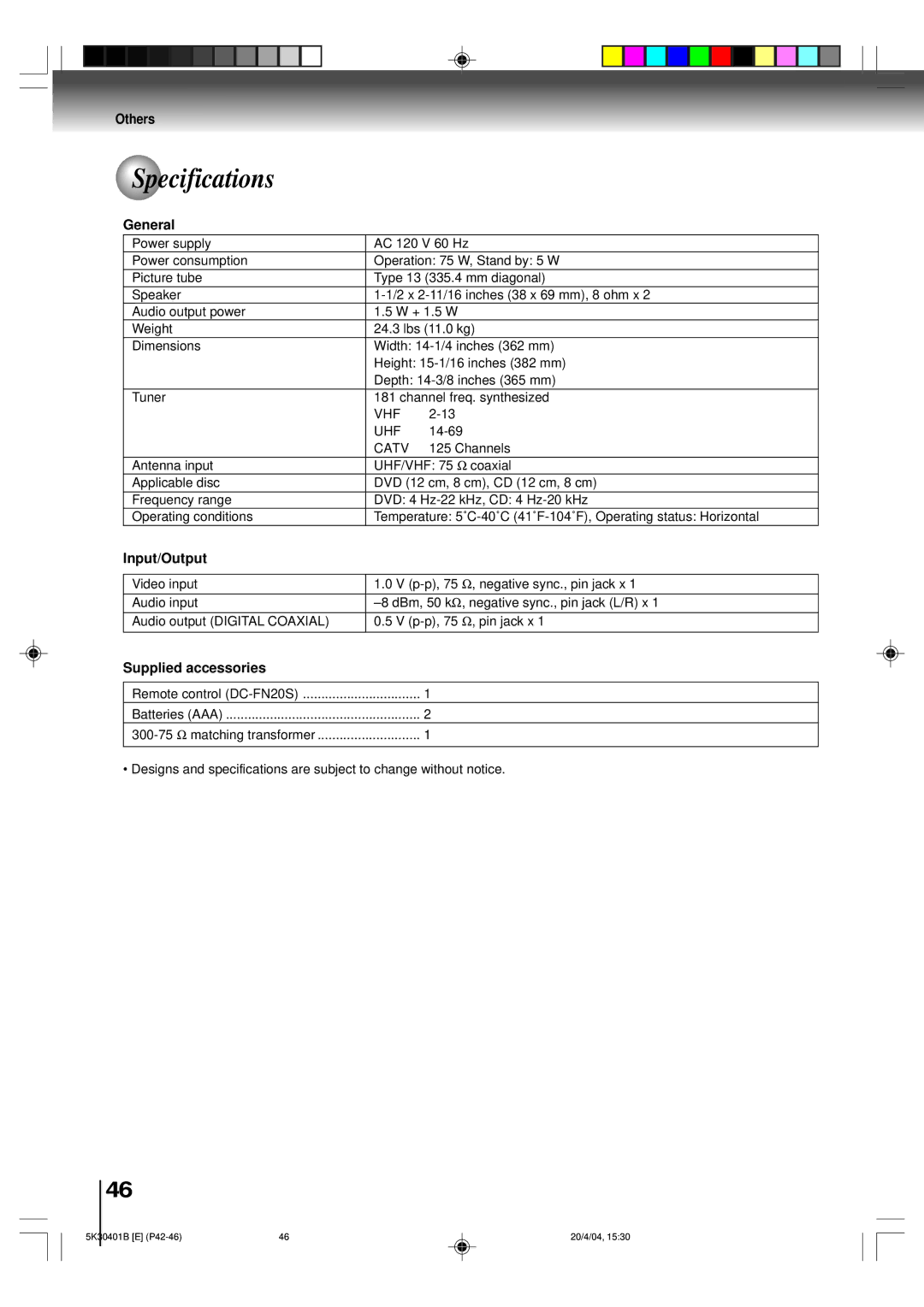 Toshiba MD13P1 owner manual Specifications, General, Input/Output, Supplied accessories 