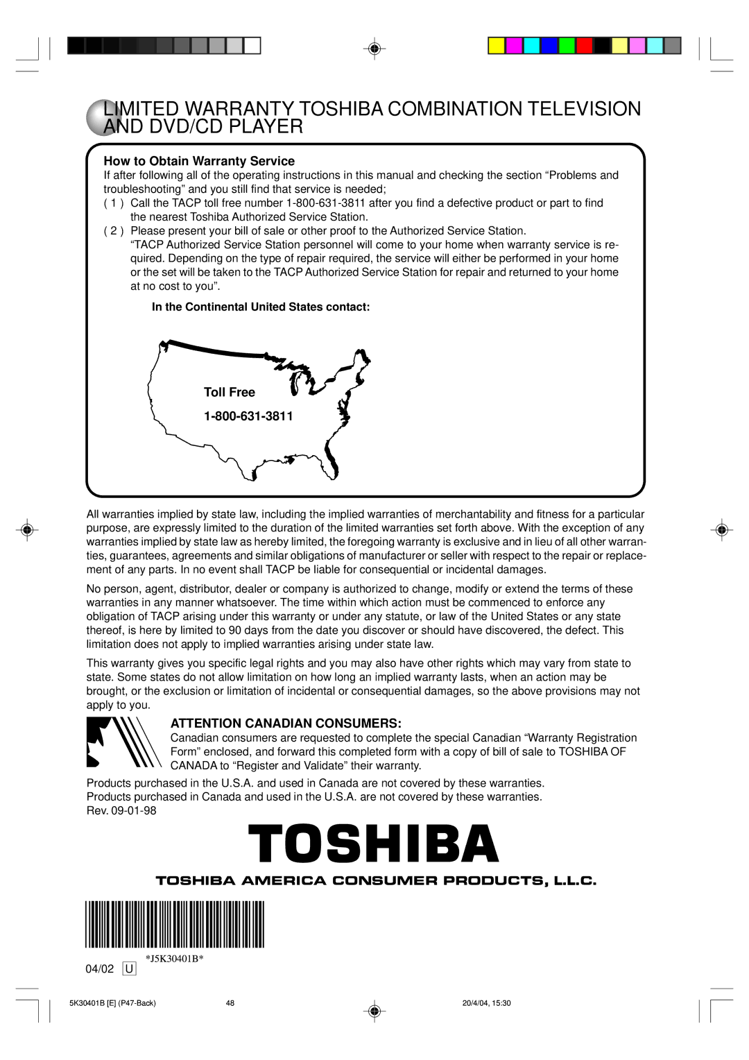 Toshiba MD13P1 owner manual How to Obtain Warranty Service, Continental United States contact 