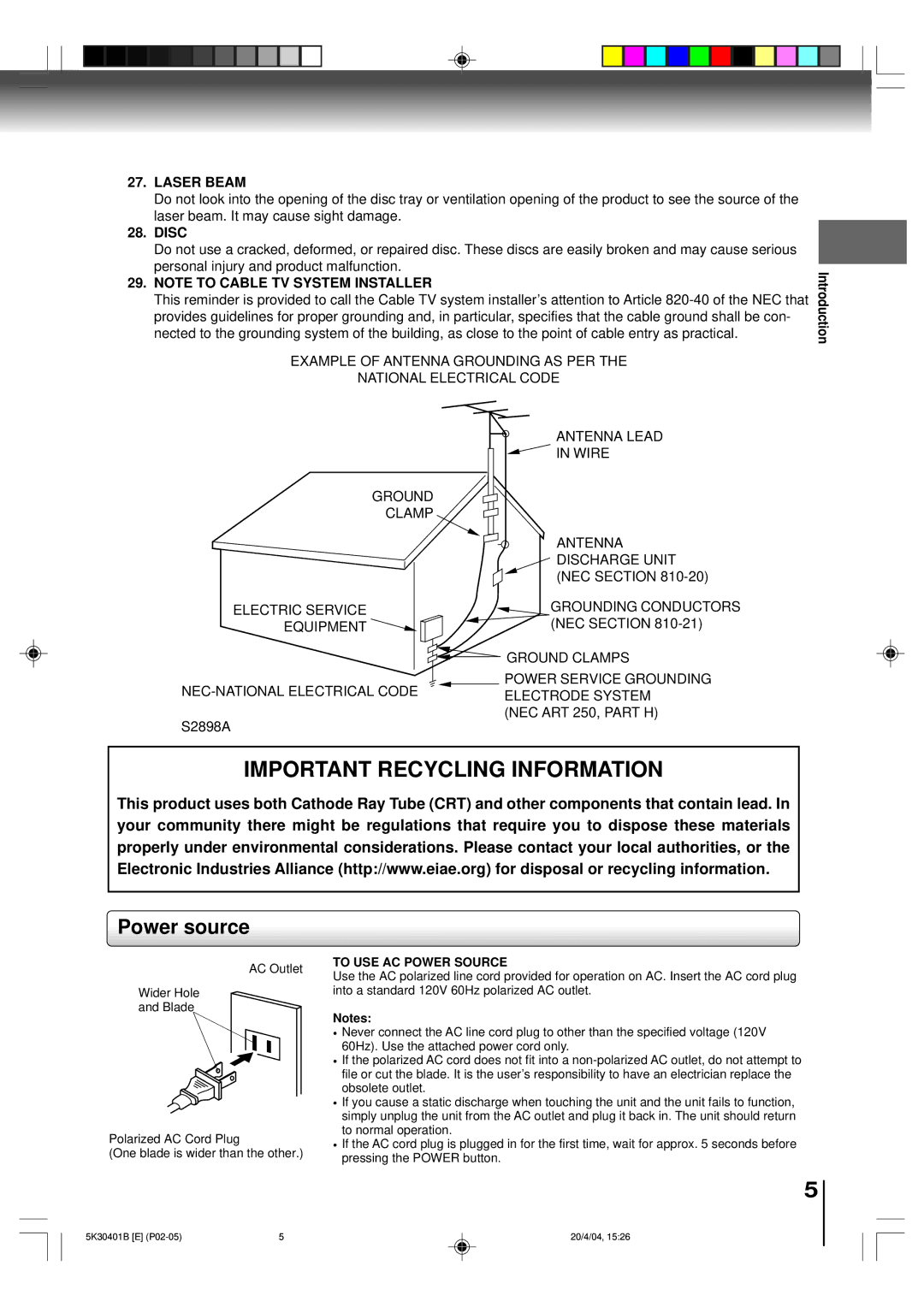 Toshiba MD13P1 owner manual Power source, Laser Beam, Disc, To USE AC Power Source 