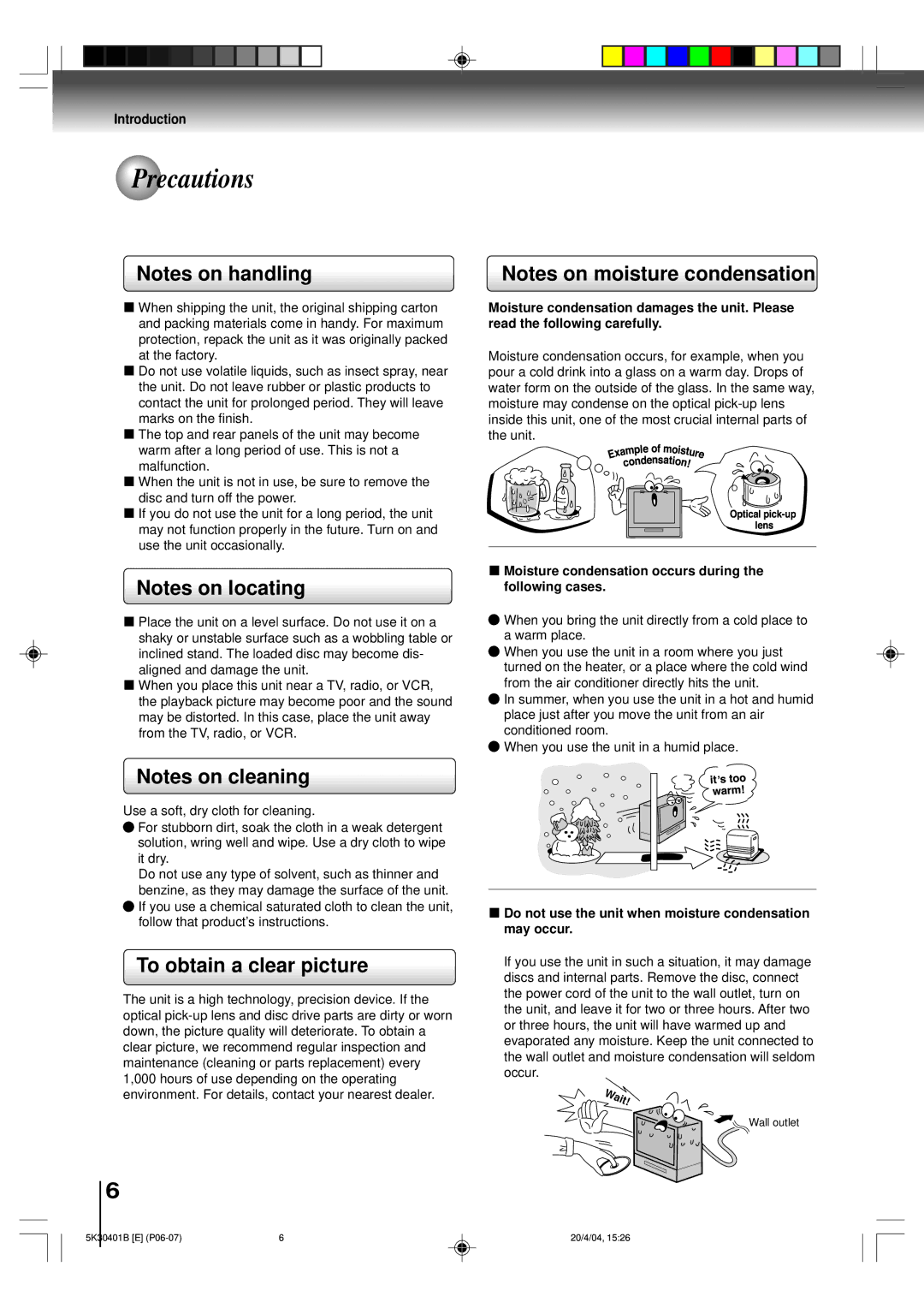 Toshiba MD13P1 Precautions, To obtain a clear picture, Wait, 3Moisture condensation occurs during the following cases 