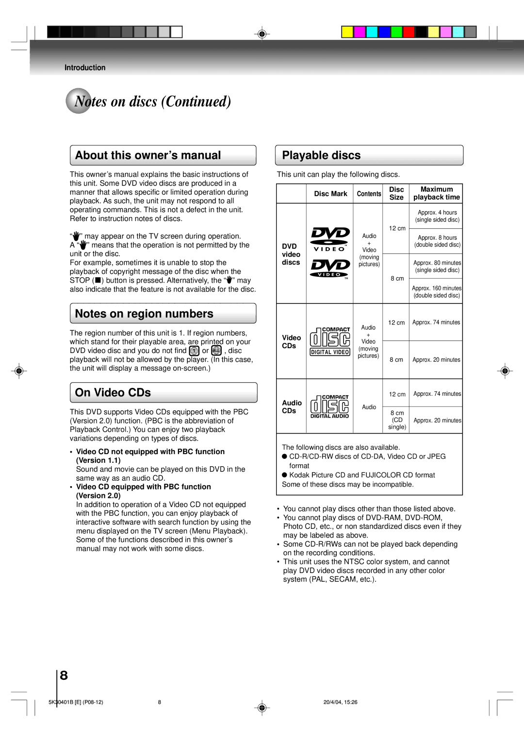 Toshiba MD13P1 owner manual On Video CDs, Playable discs, Dvd 