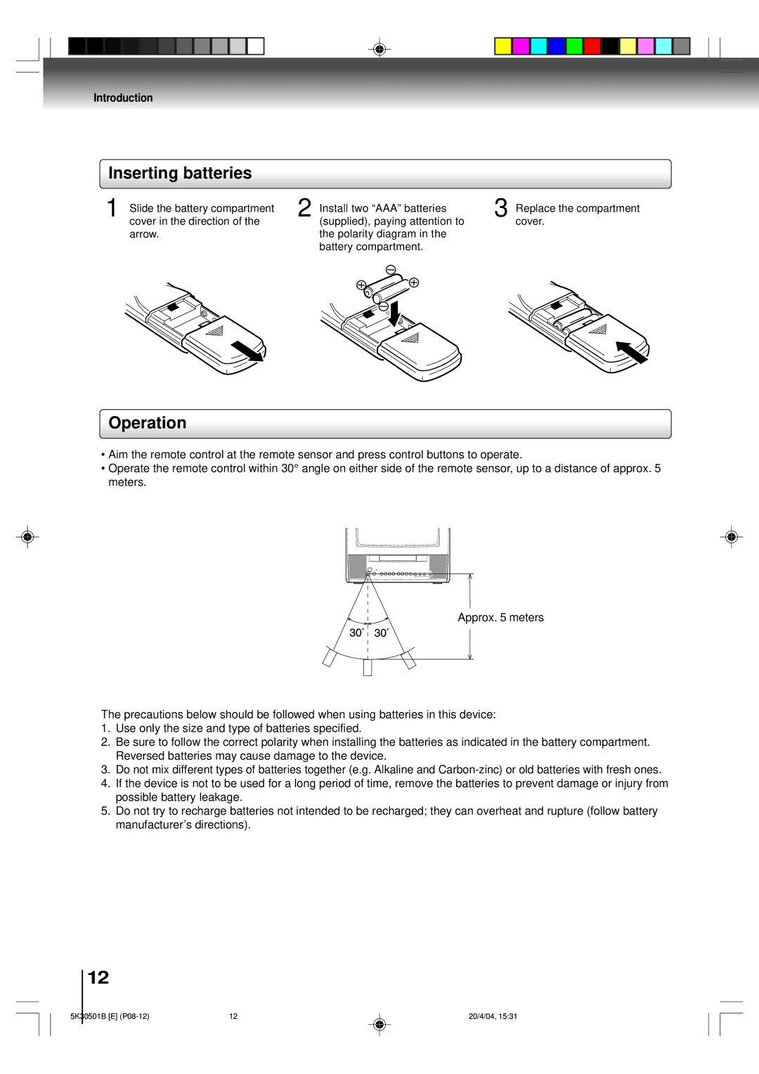 Toshiba MD13P3 owner manual Inserting batteries, Operation 