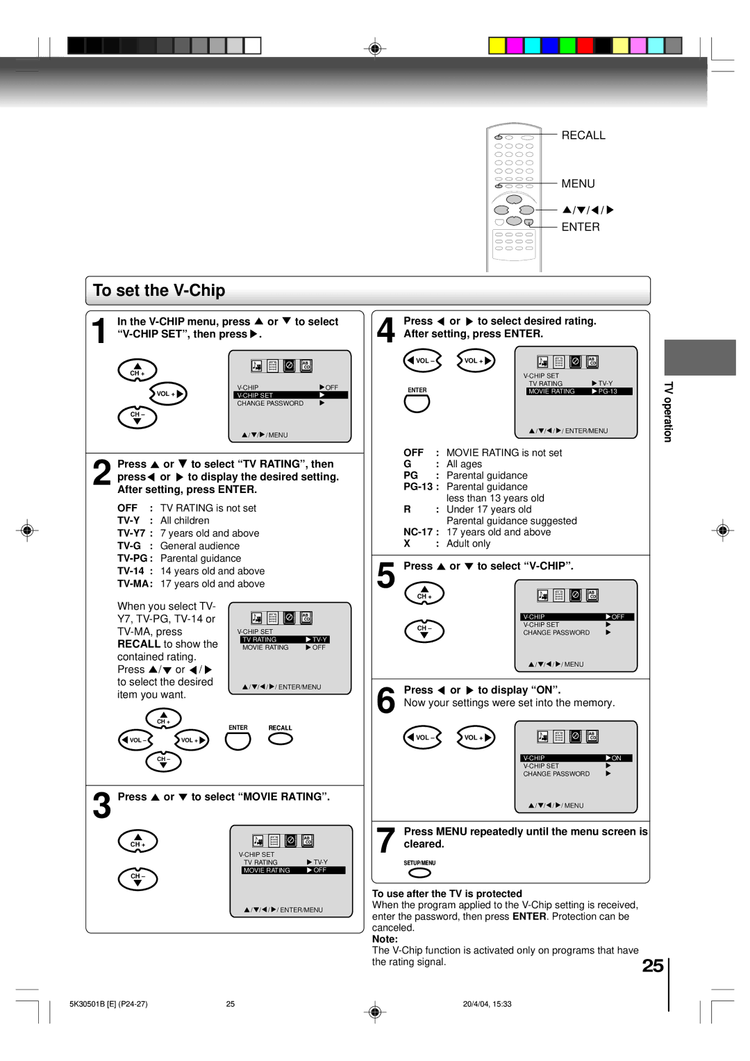 Toshiba MD13P3 owner manual To set the V-Chip, Recall Menu Enter 