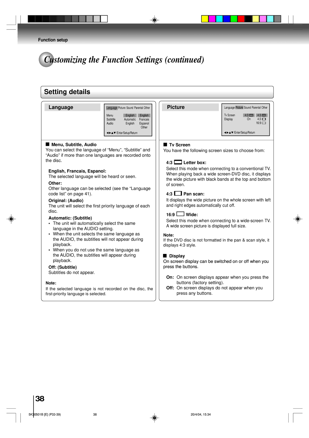 Toshiba MD13P3 owner manual Setting details 