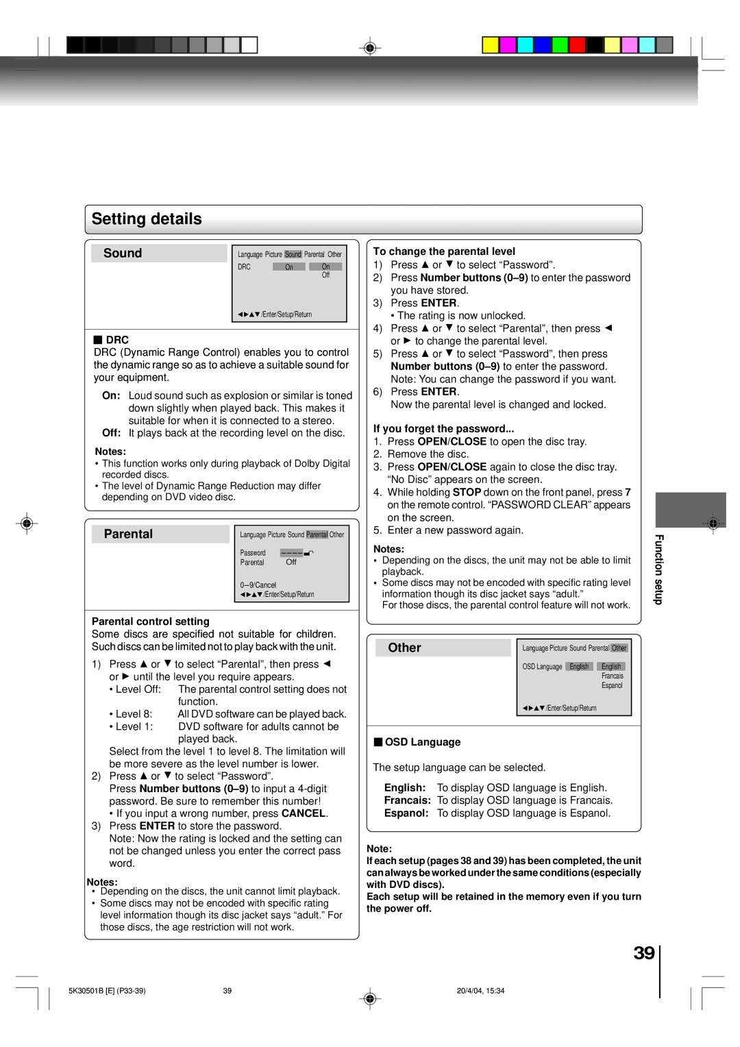 Toshiba MD13P3 Drc, To change the parental level, If you forget the password, Function setup Parental control setting 