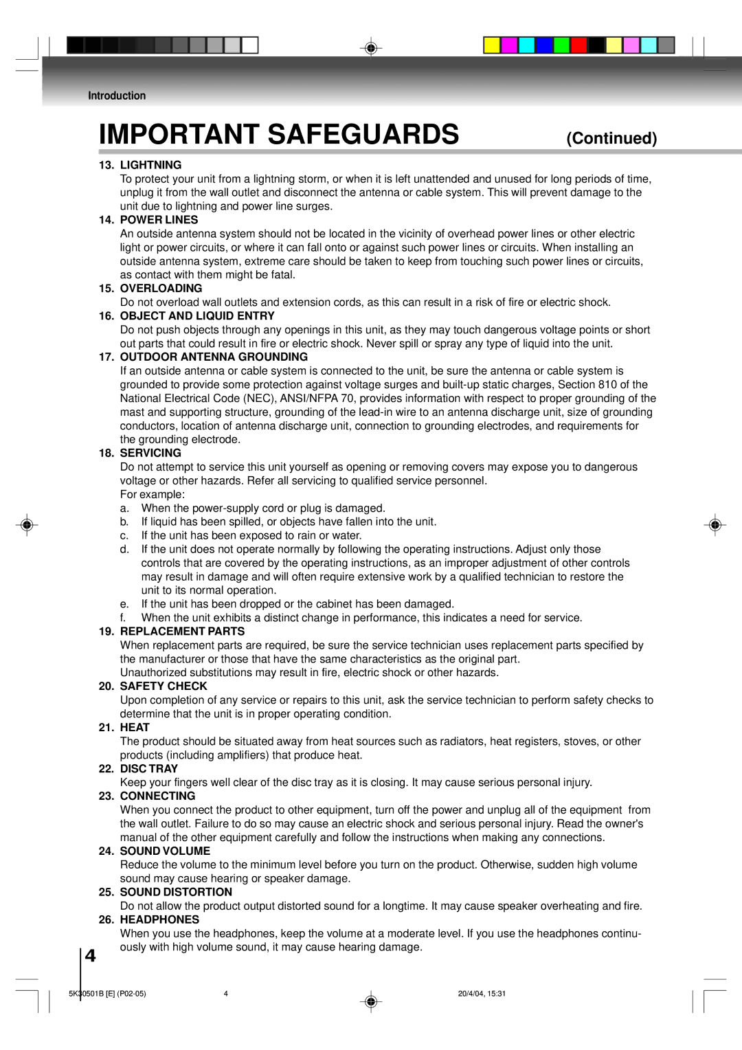 Toshiba MD13P3 Lightning, Power Lines, Overloading, Object and Liquid Entry, Outdoor Antenna Grounding, Servicing, Heat 