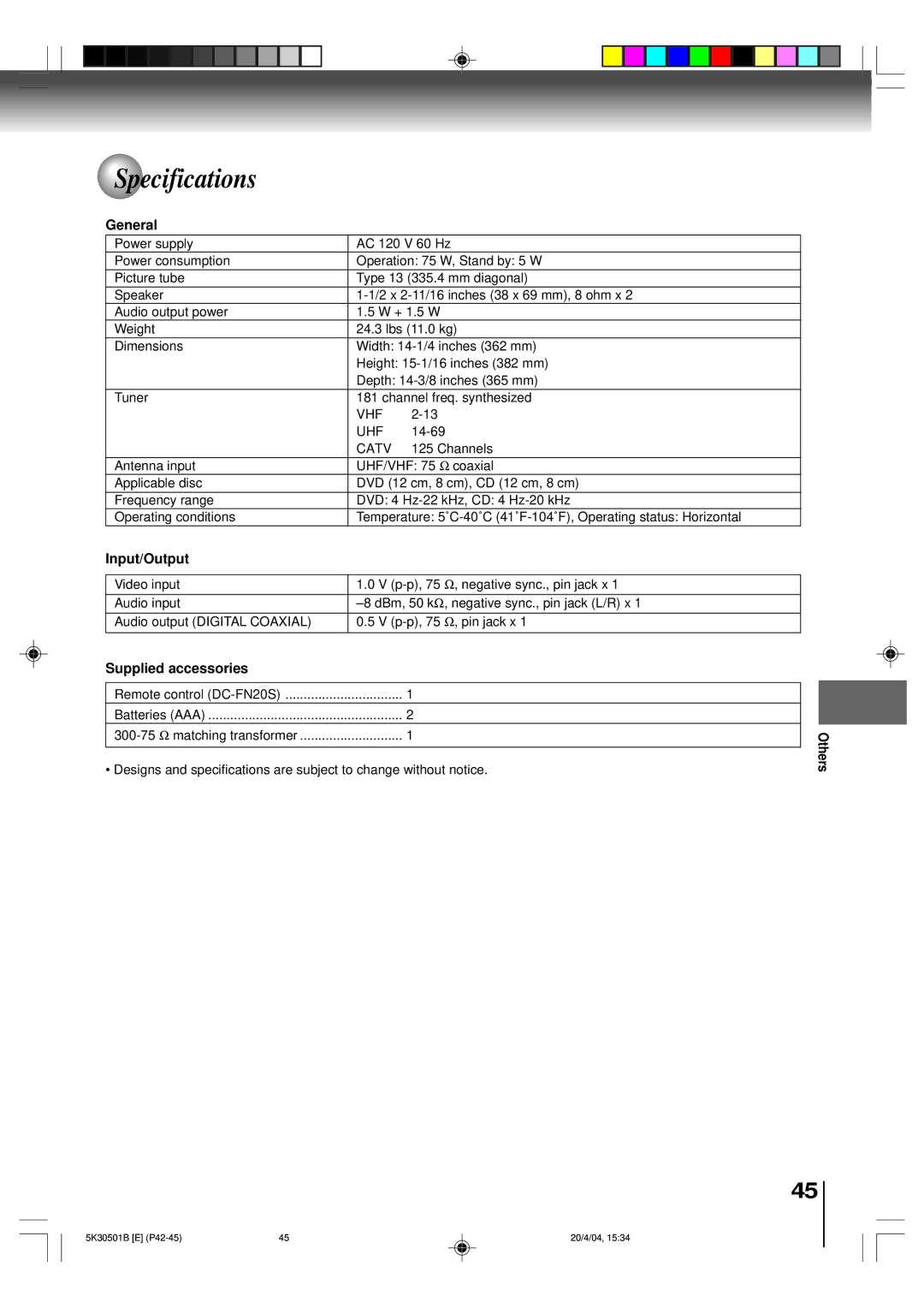 Toshiba MD13P3 owner manual Specifications, General, Input/Output, Supplied accessories 