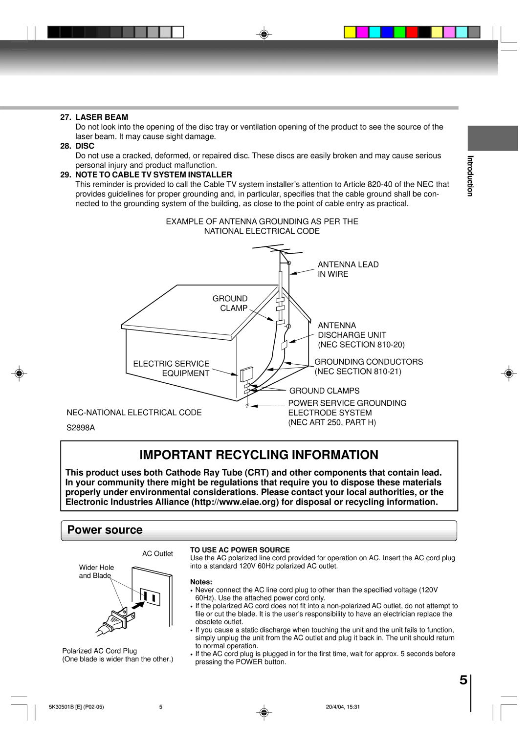 Toshiba MD13P3 owner manual Power source, Laser Beam, Disc 