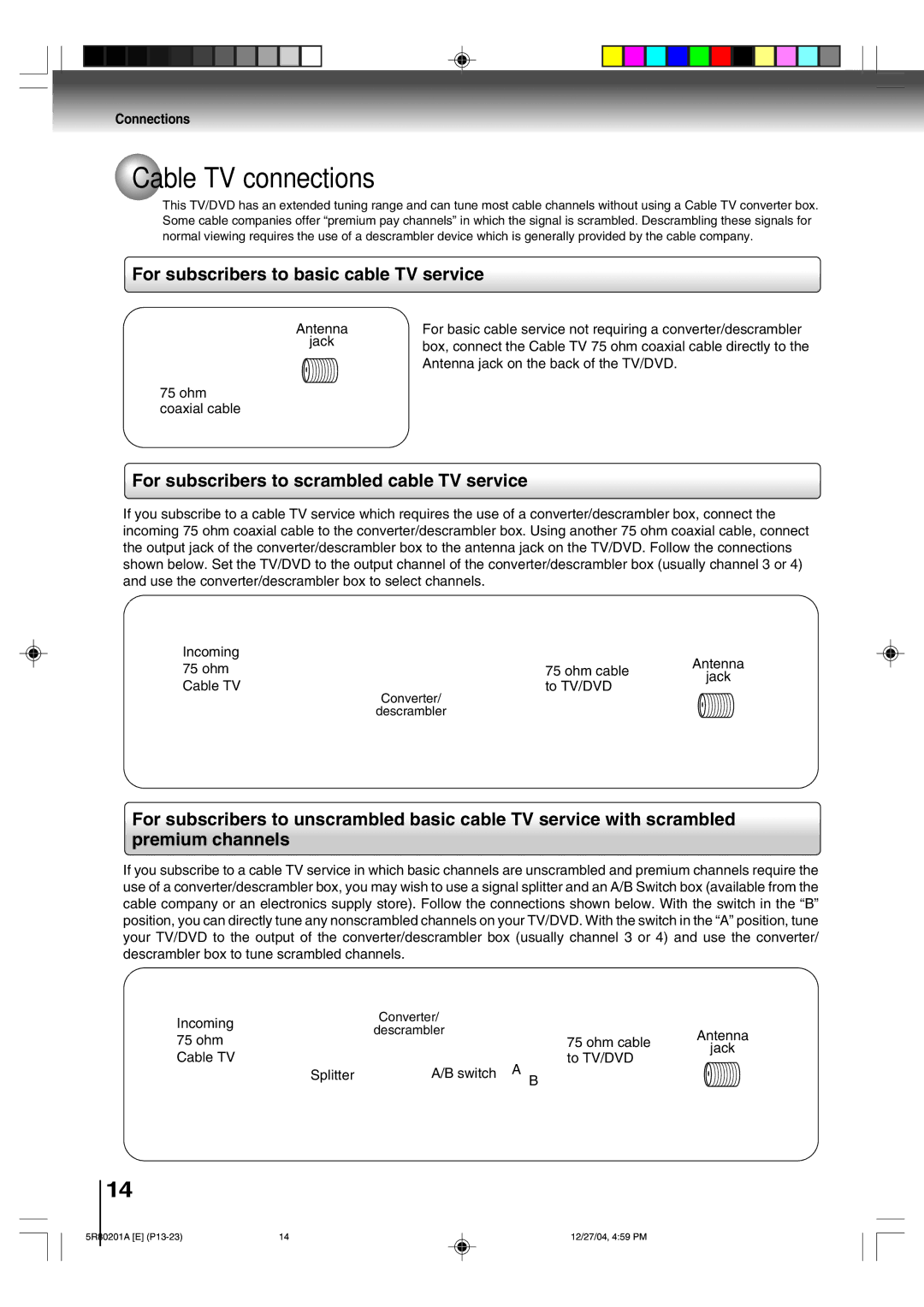 Toshiba MD13Q11 owner manual Cable TV connections, For subscribers to basic cable TV service 