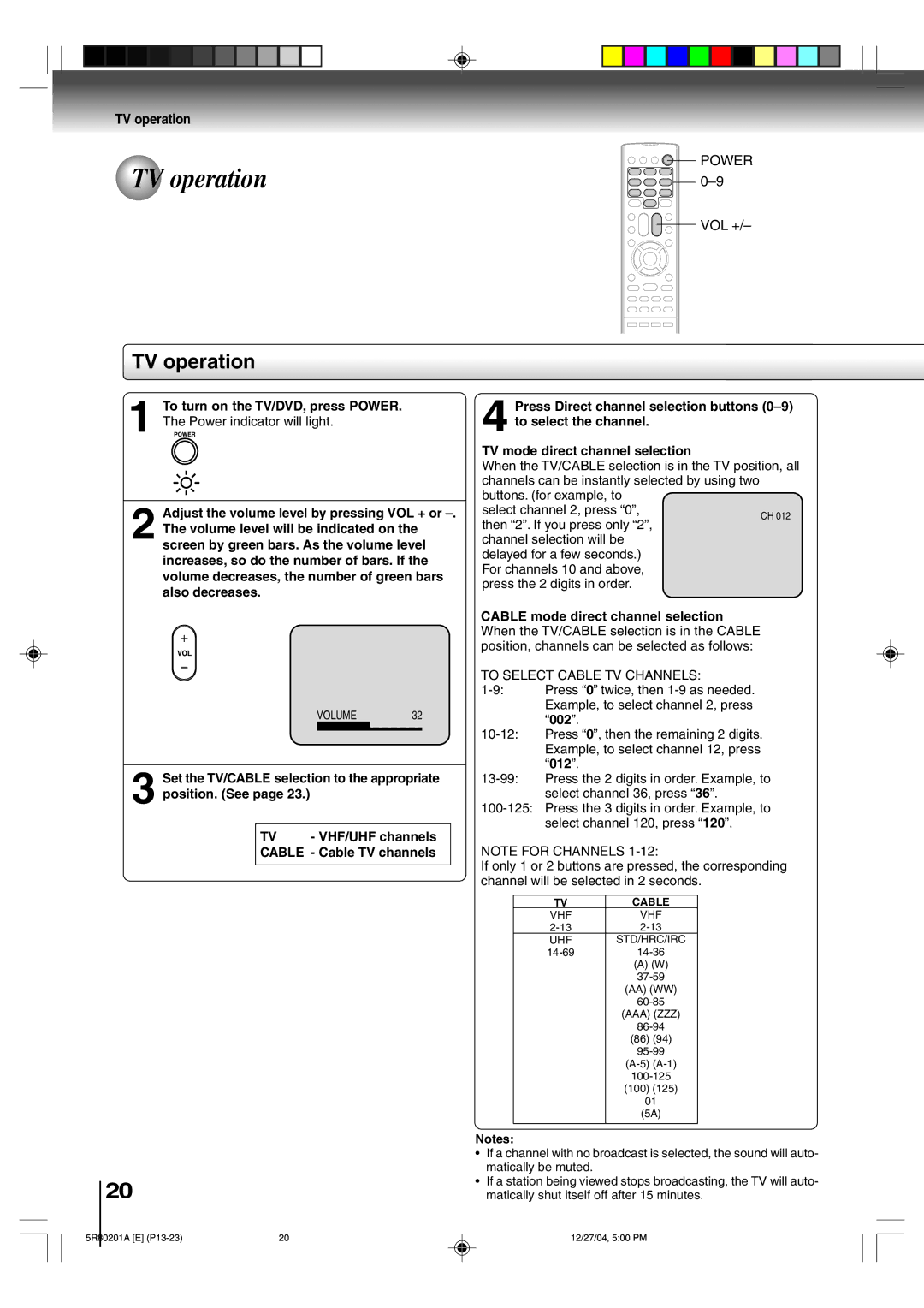 Toshiba MD13Q11 owner manual TV operation 