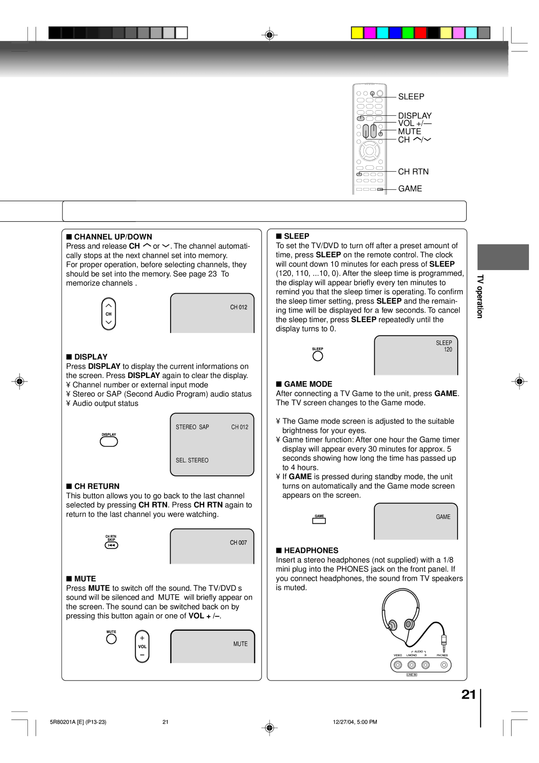 Toshiba MD13Q11 owner manual Channel UP/DOWN, Display, CH Return, Mute, Sleep, Game Mode, Headphones 