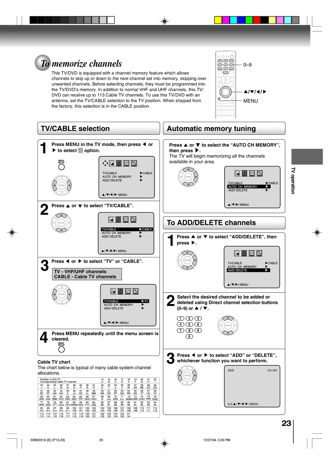 Toshiba MD13Q11 owner manual To memorize channels, TV/CABLE selection Automatic memory tuning, To ADD/DELETE channels 