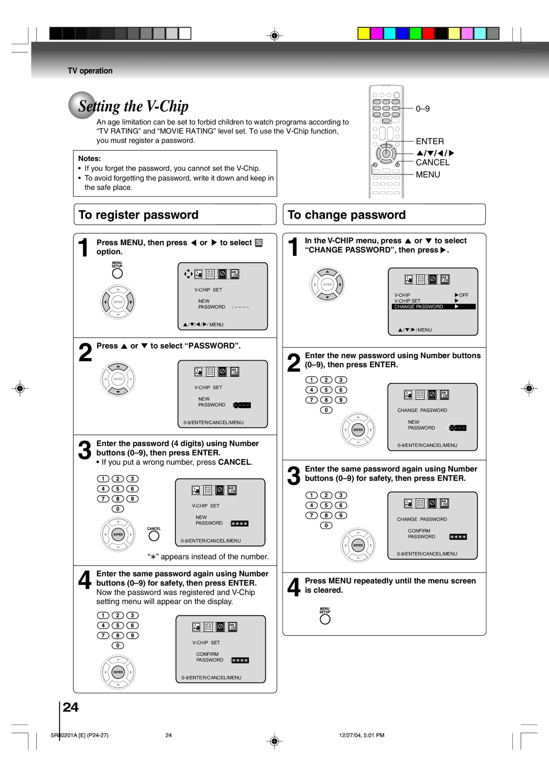 Toshiba MD13Q11 owner manual Setting the V-Chip, To register password, To change password 