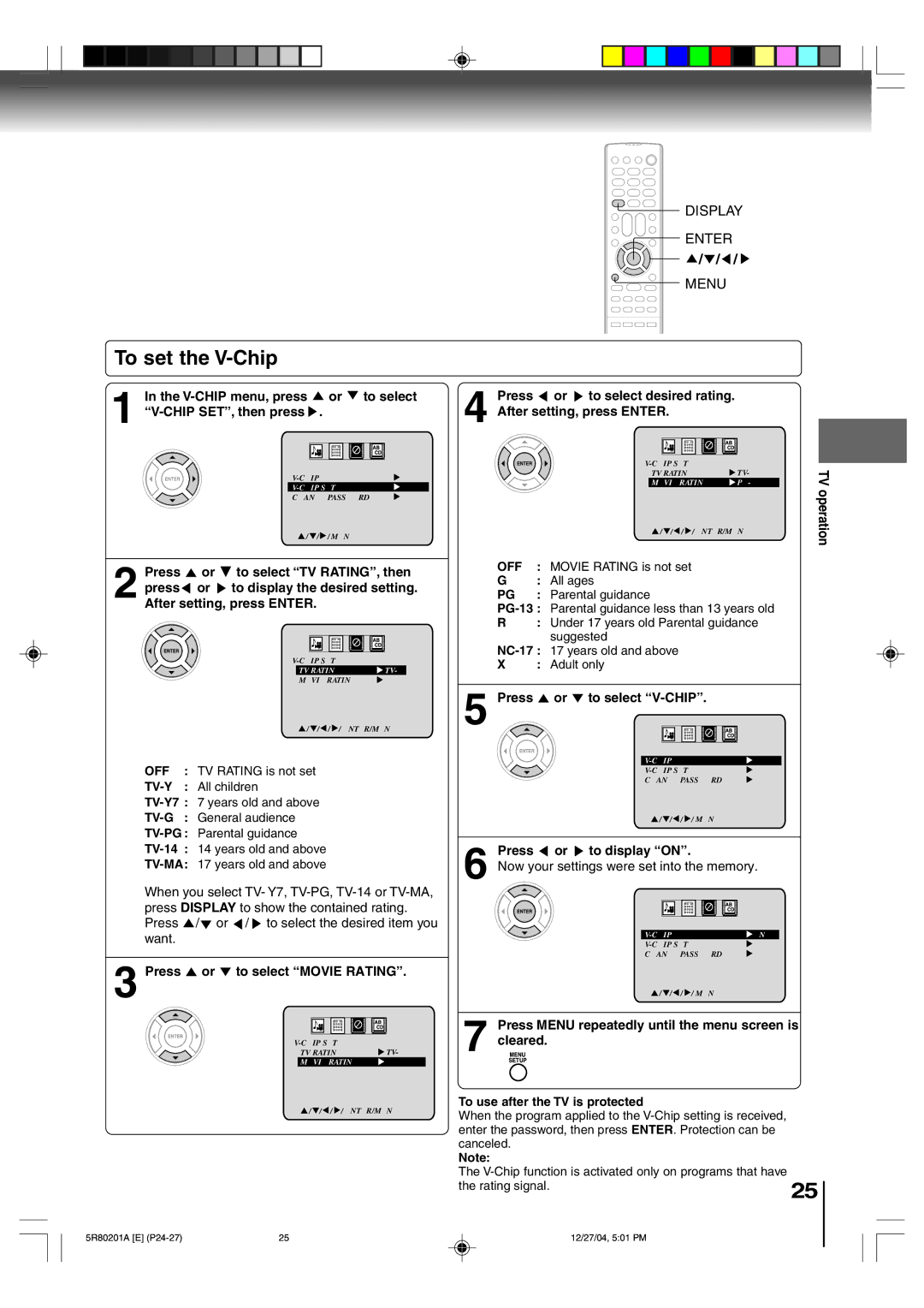 Toshiba MD13Q11 owner manual To set the V-Chip, Off, Tv-Y, Tv-G, Tv-Ma 