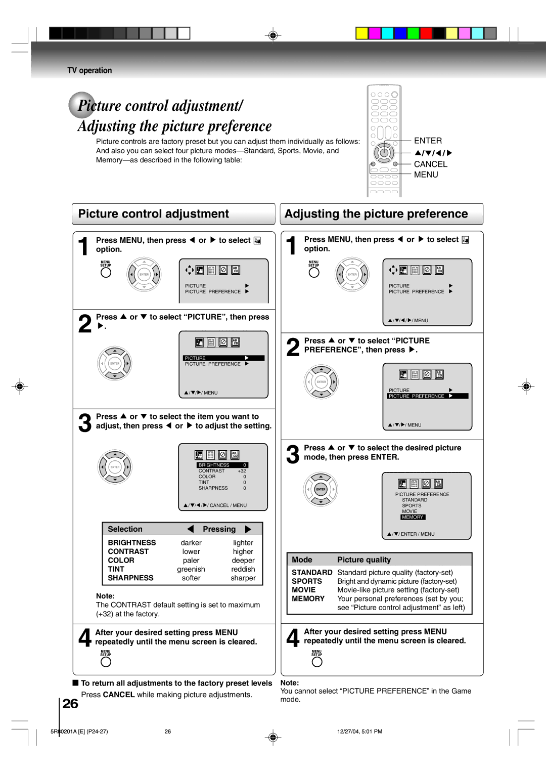 Toshiba MD13Q11 owner manual Picture control adjustment Adjusting the picture preference 