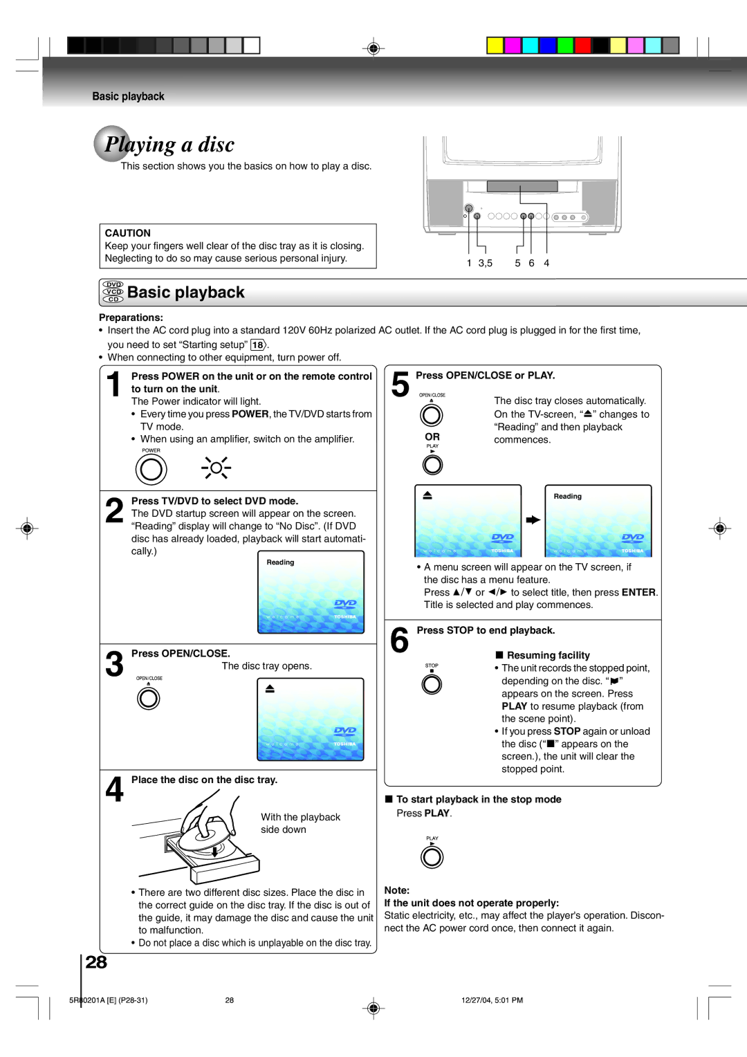 Toshiba MD13Q11 owner manual Playing a disc, Vcdcd Basic playback 