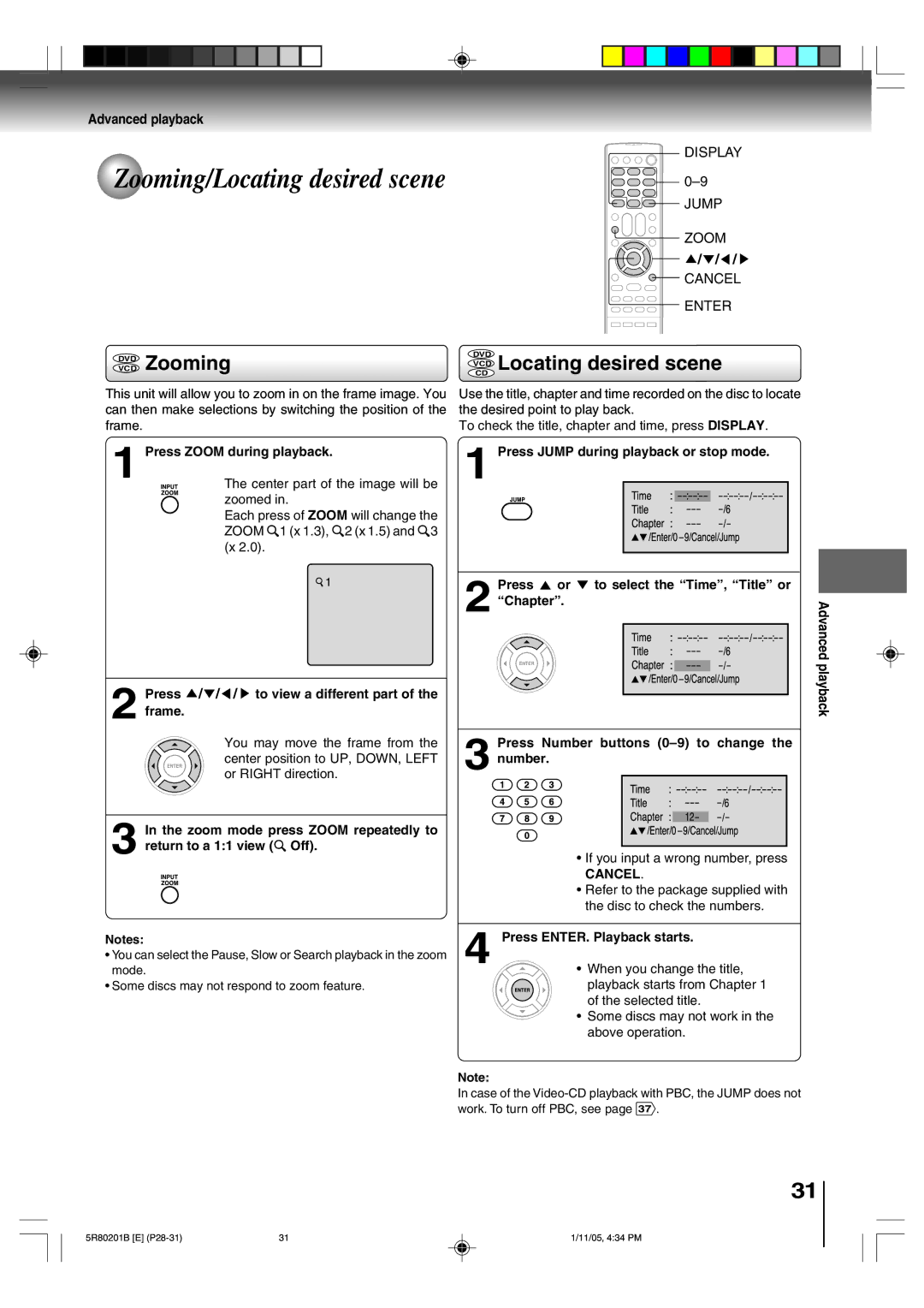 Toshiba MD13Q11 Zooming/Locating desired scene, Dvdvcd Zooming, VCD Locating desired scene, Advanced playback, Cancel 