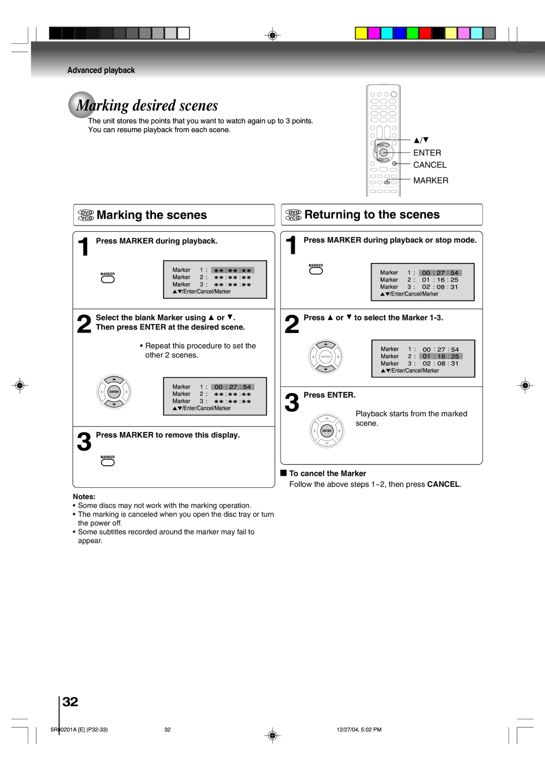 Toshiba MD13Q11 Marking desired scenes, DVD Returning to the scenes, Press Marker to remove this display, Press Enter 