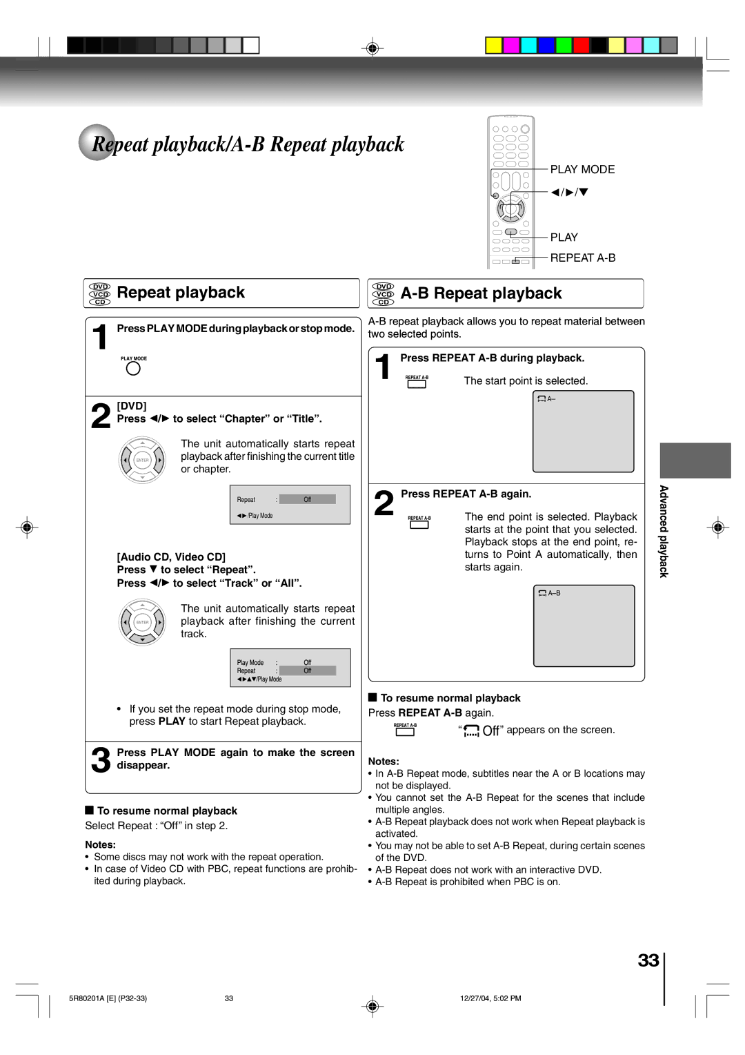 Toshiba MD13Q11 owner manual Repeat playback/A-B Repeat playback, VCD Repeat playback, VCD A-B Repeat playback 