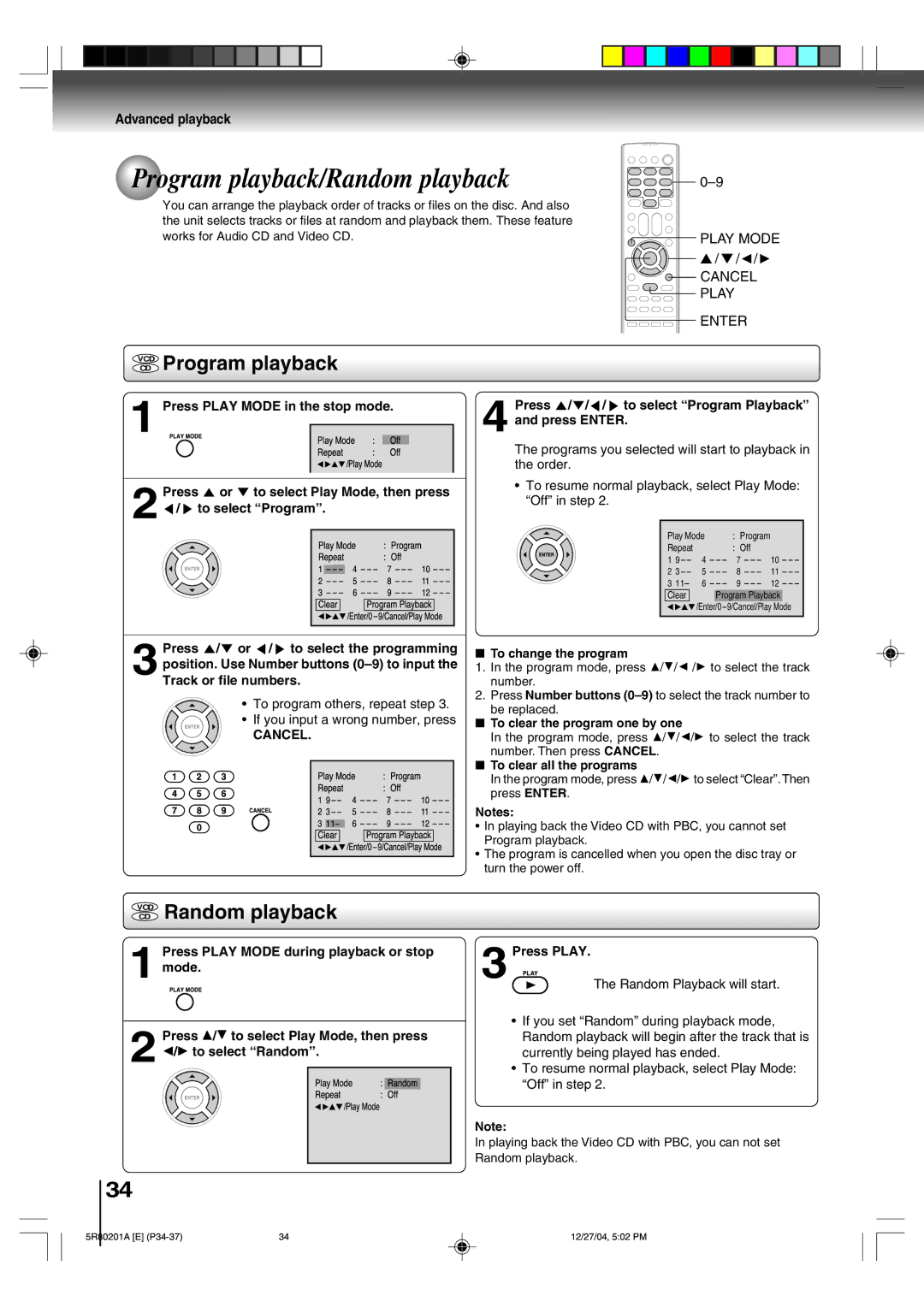 Toshiba MD13Q11 owner manual Program playback/Random playback, Vcdcd Program playback 