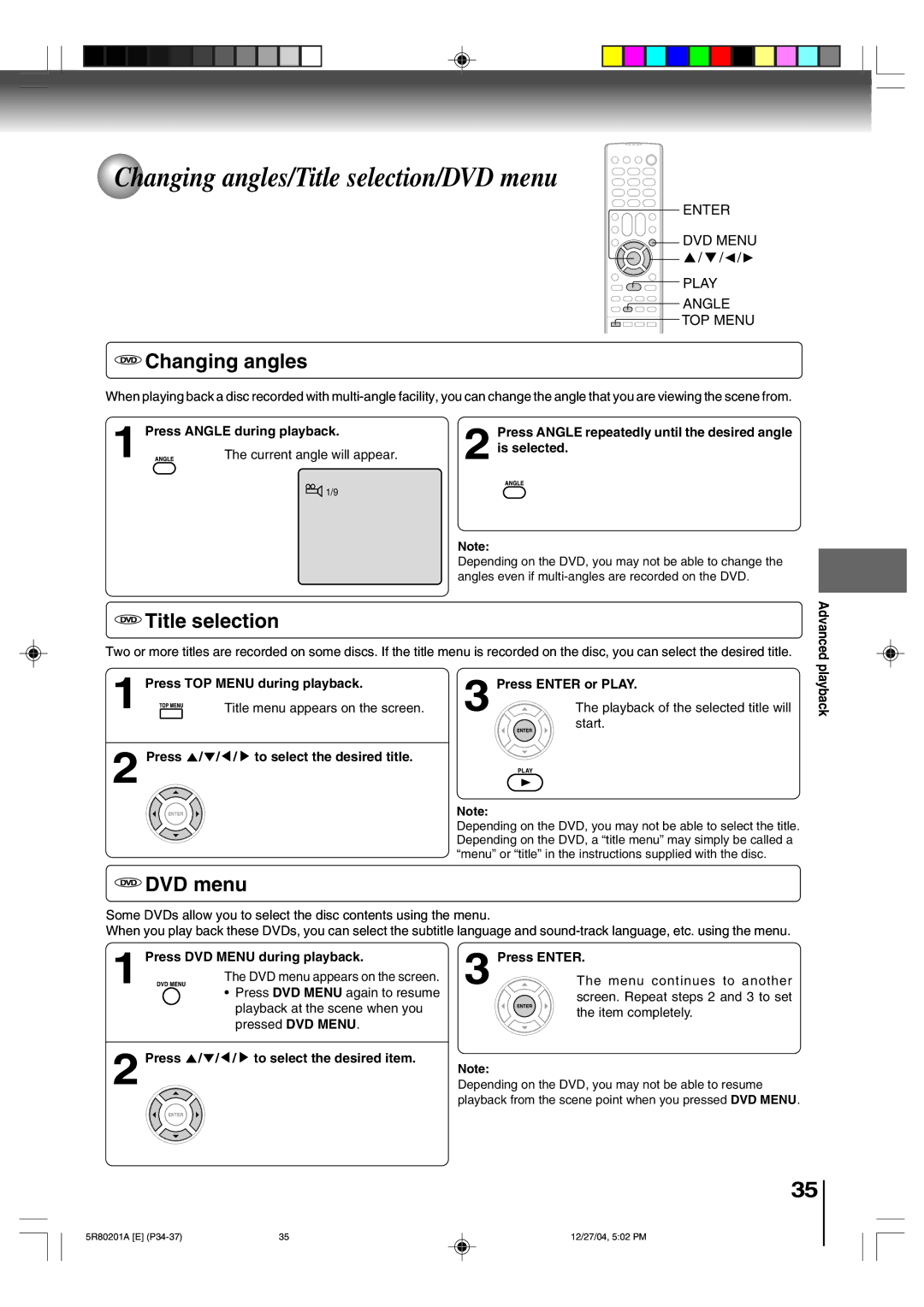 Toshiba MD13Q11 owner manual Changing angles/Title selection/DVD menu 