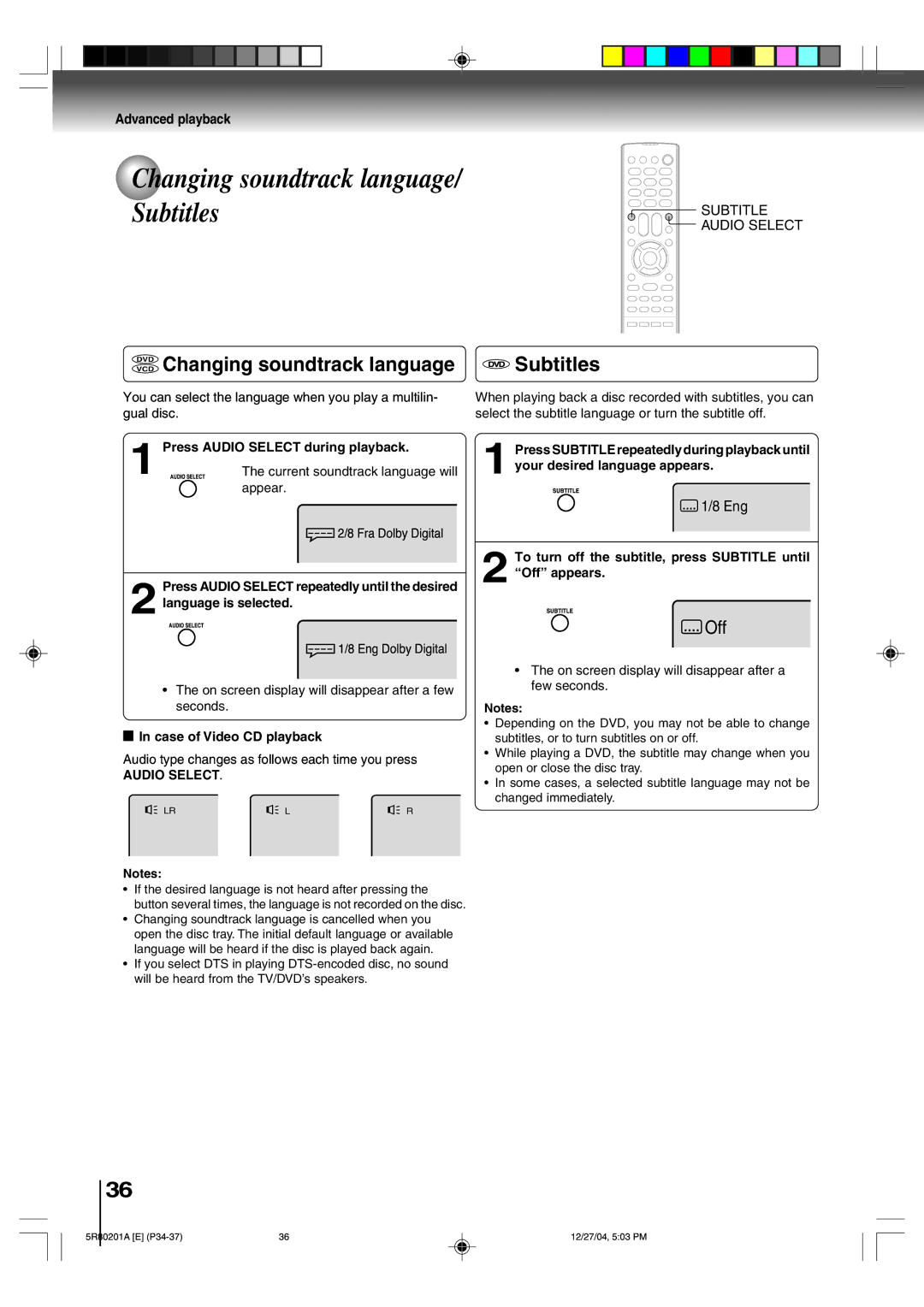 Toshiba MD13Q11 owner manual Changing soundtrack language/ Subtitles, Changing soundtrack language Subtitles, Audio Select 