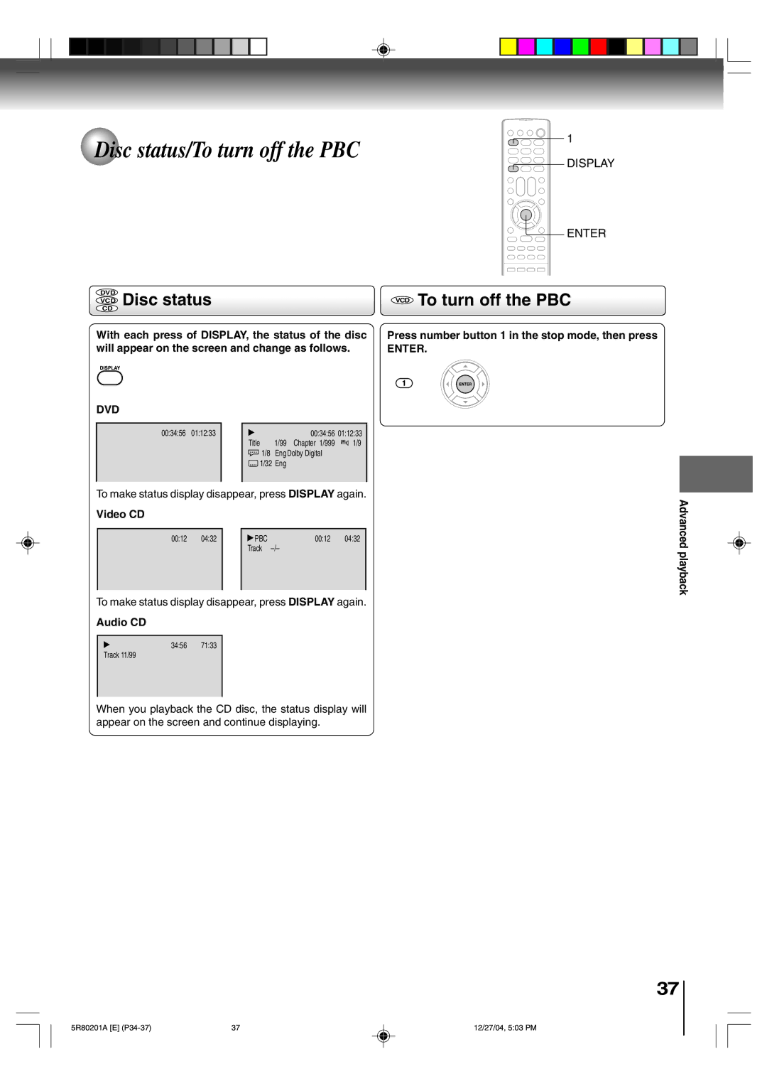 Toshiba MD13Q11 owner manual Disc status/To turn off the PBC, VCD To turn off the PBC, VCD Disc status 