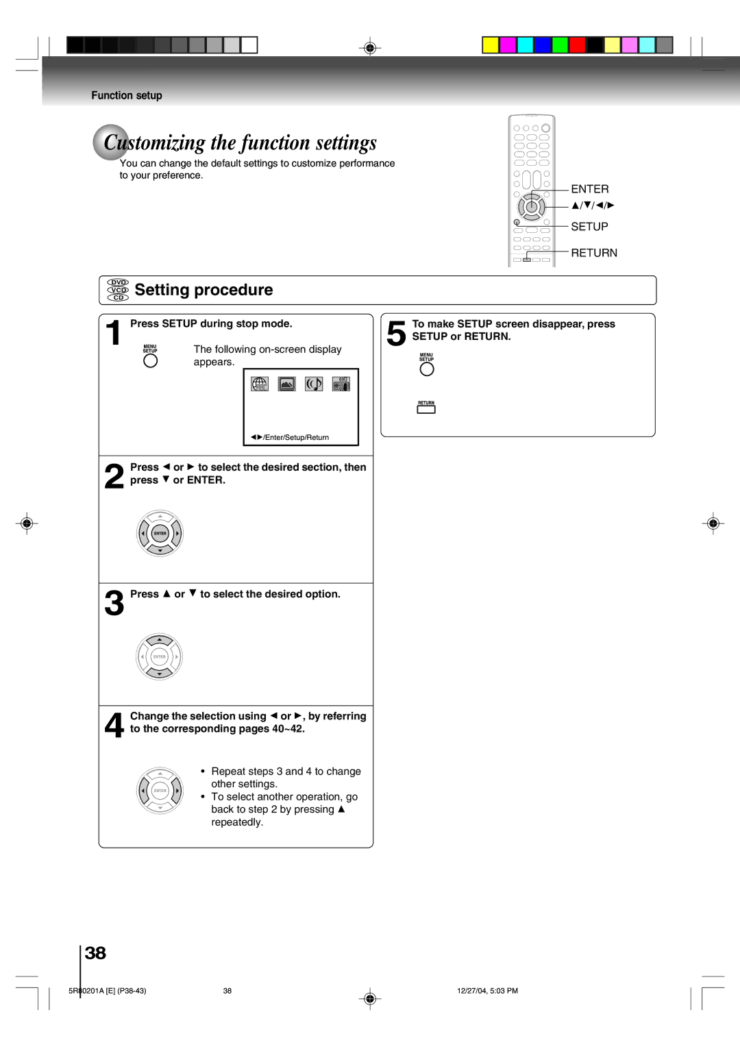 Toshiba MD13Q11 Customizing the function settings, Setting procedure, Function setup, Press Setup during stop mode 