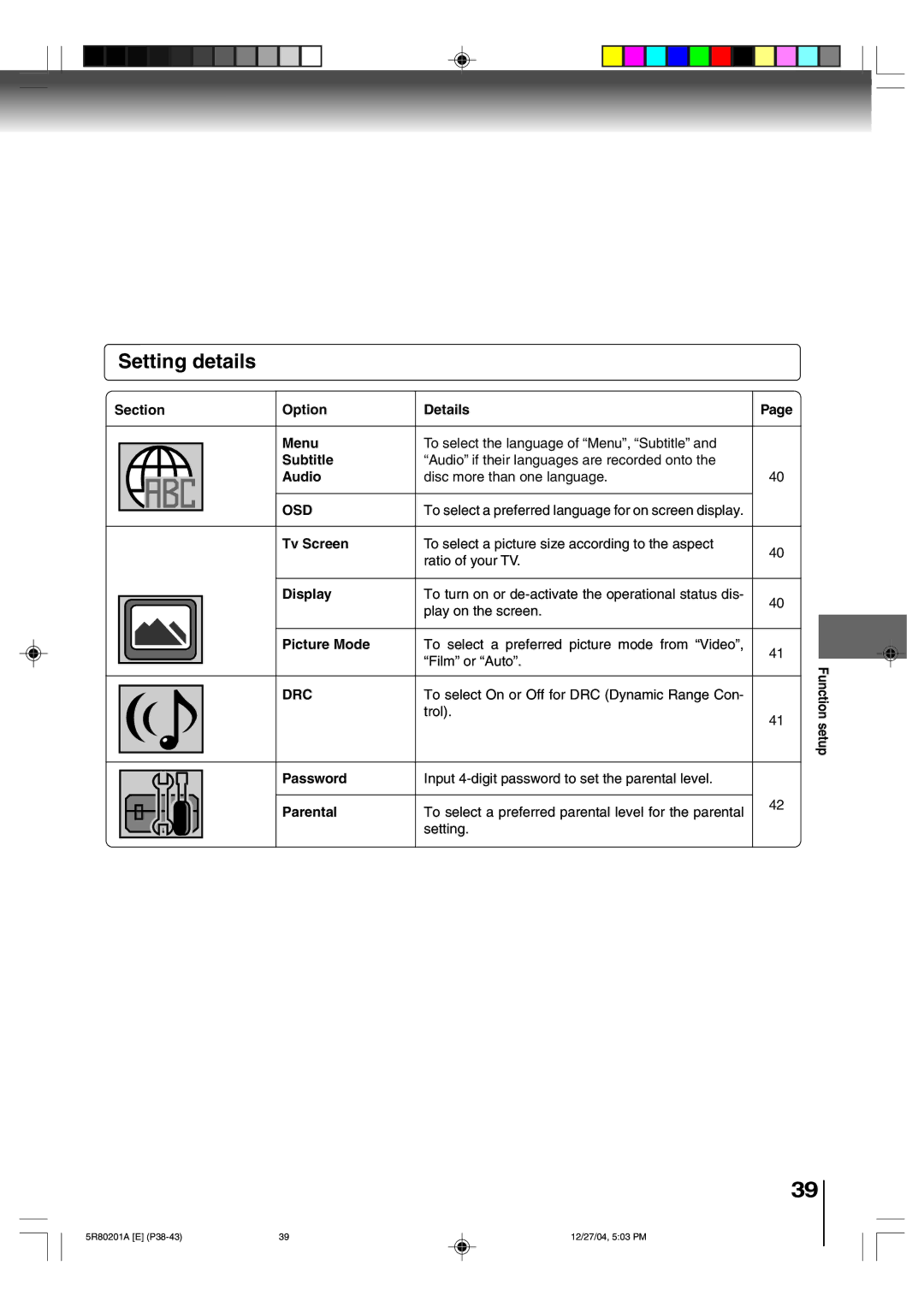 Toshiba MD13Q11 owner manual Setting details 