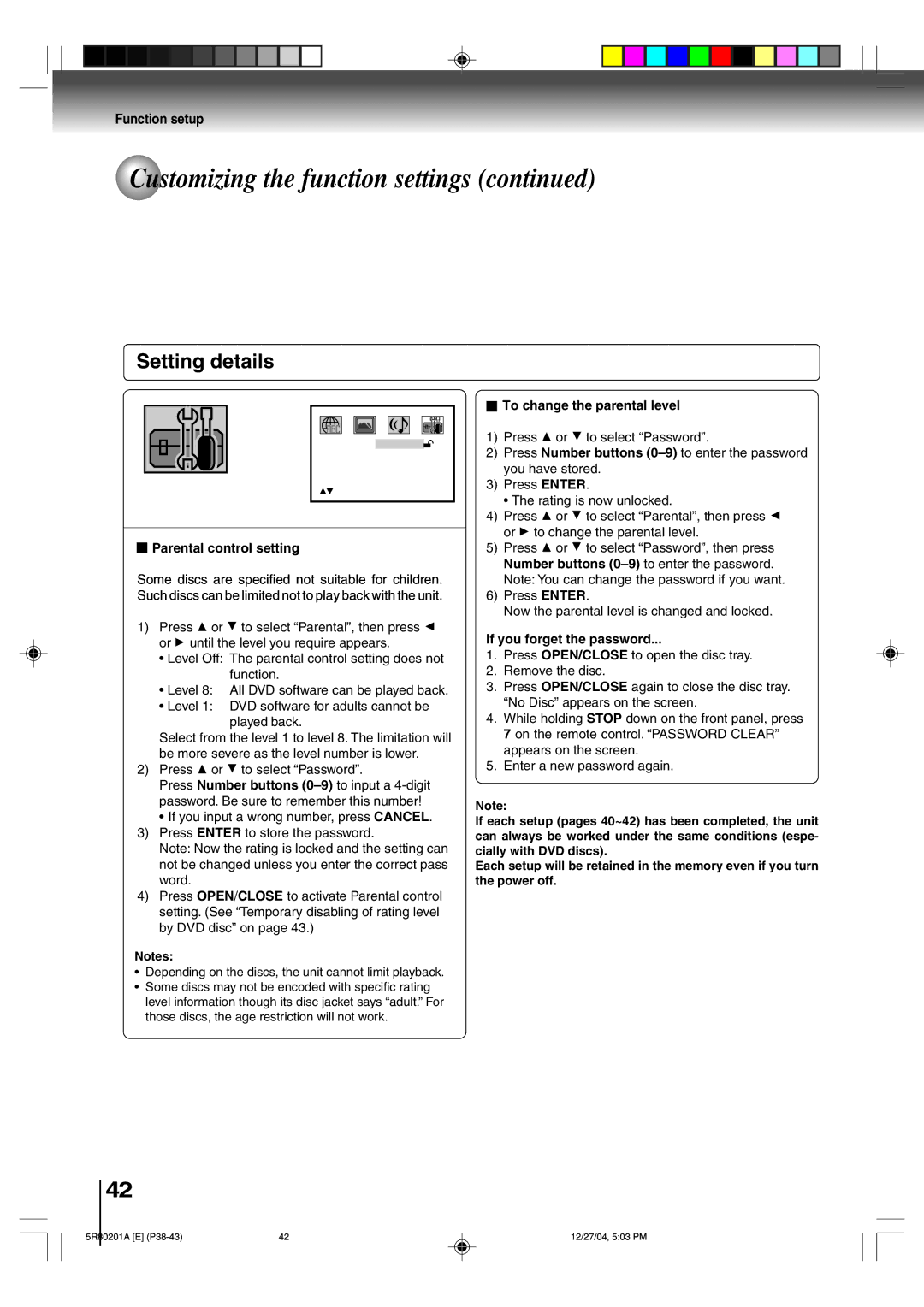 Toshiba MD13Q11 owner manual Parental control setting, To change the parental level, If you forget the password 