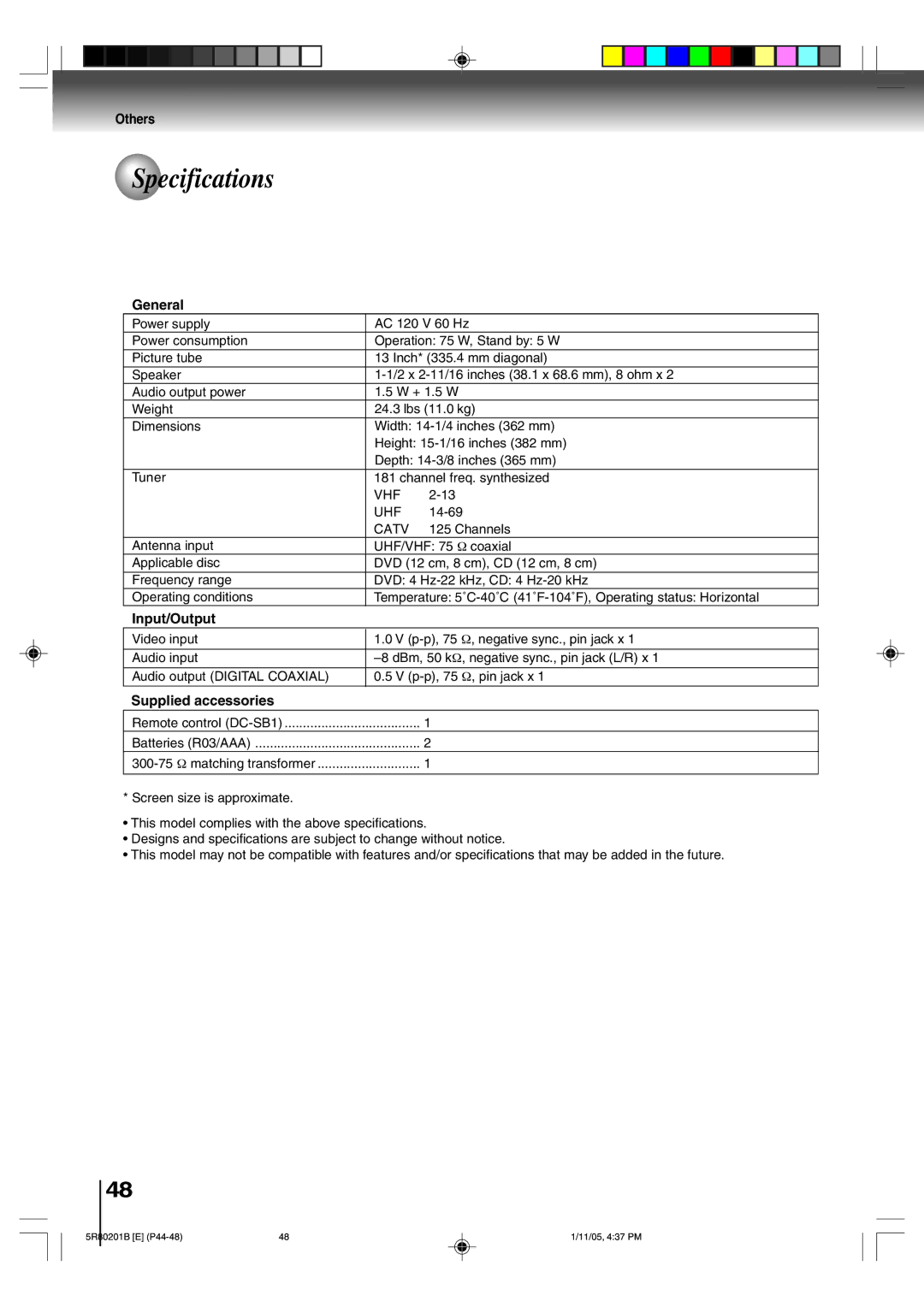 Toshiba MD13Q11 owner manual Specifications, General, Input/Output, Supplied accessories 