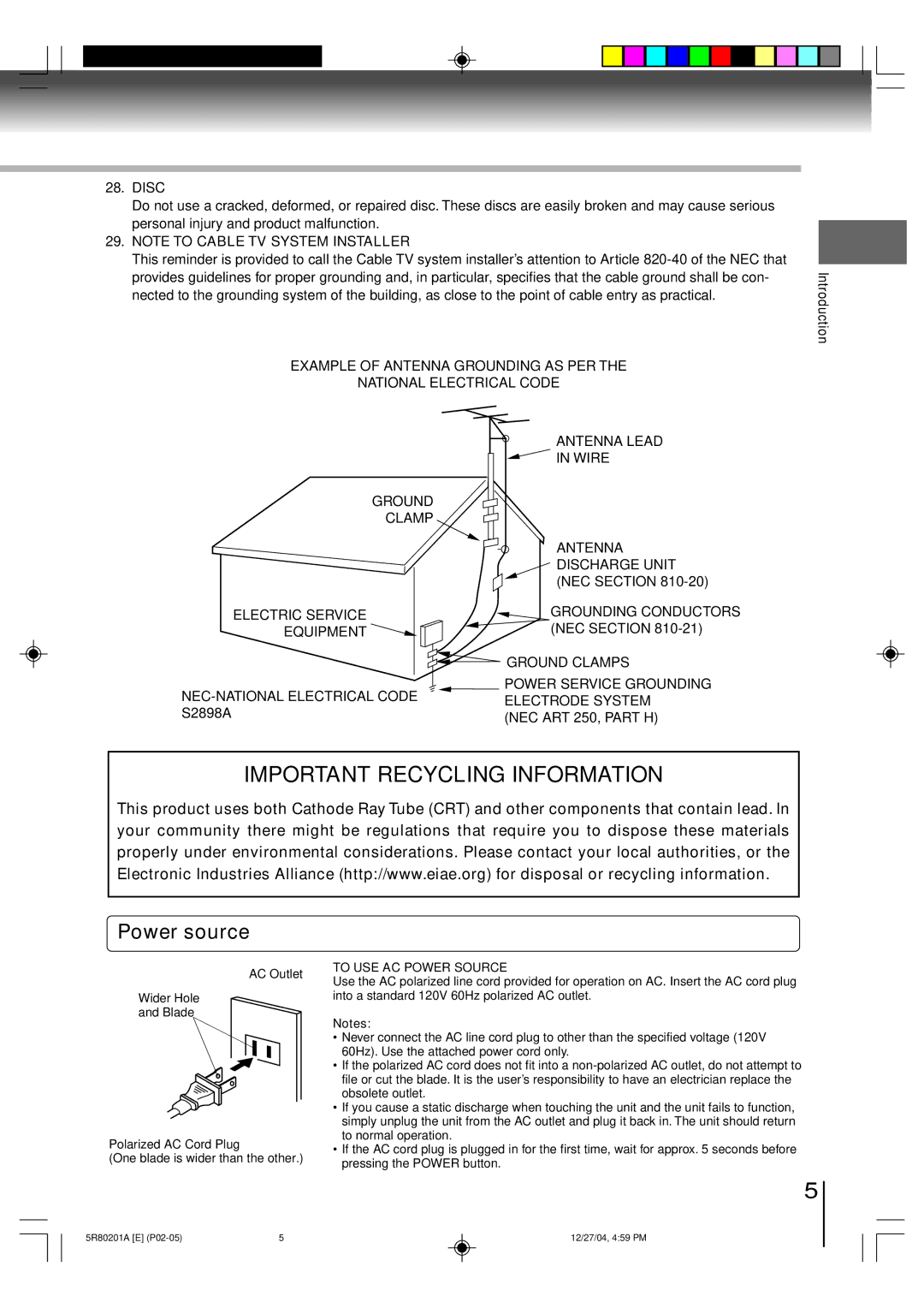 Toshiba MD13Q11 owner manual Power source, Disc, To USE AC Power Source 