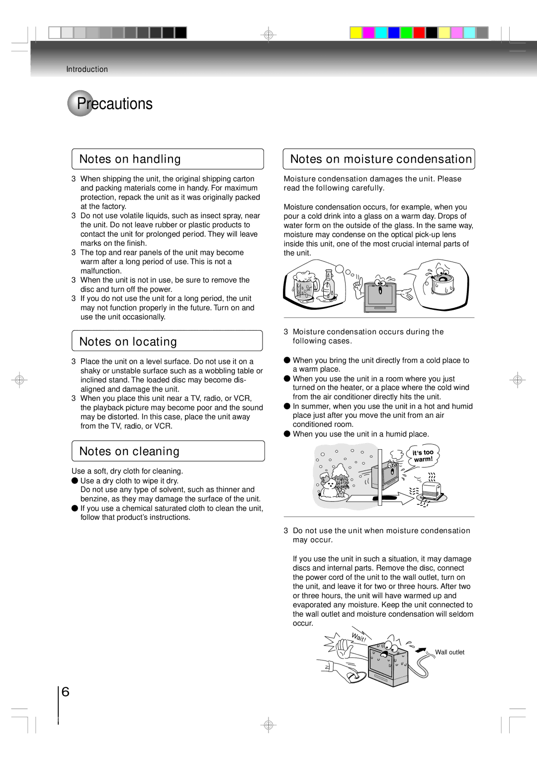 Toshiba MD13Q11 owner manual Precautions, Wait 