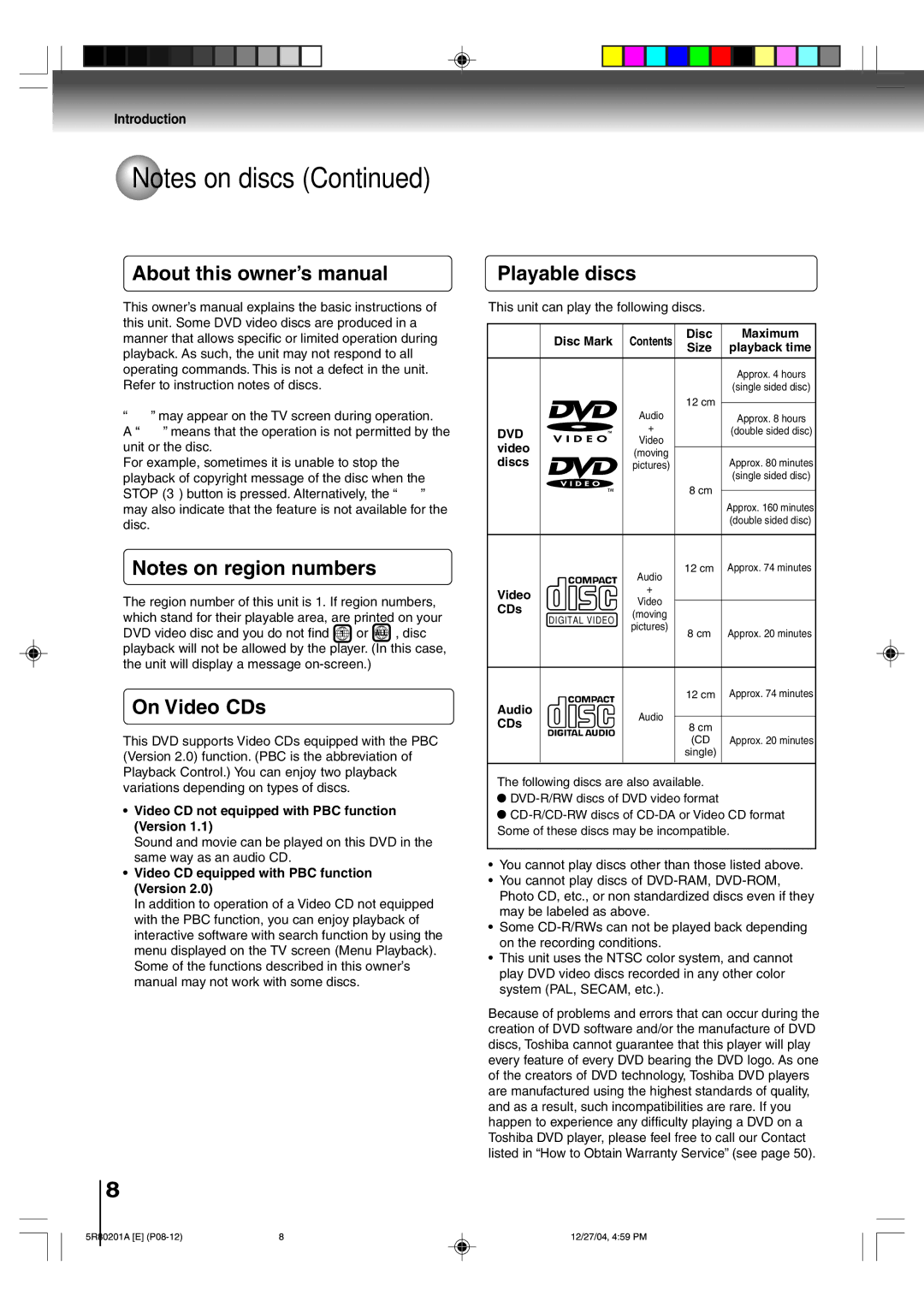 Toshiba MD13Q11 owner manual On Video CDs, Playable discs, Dvd 