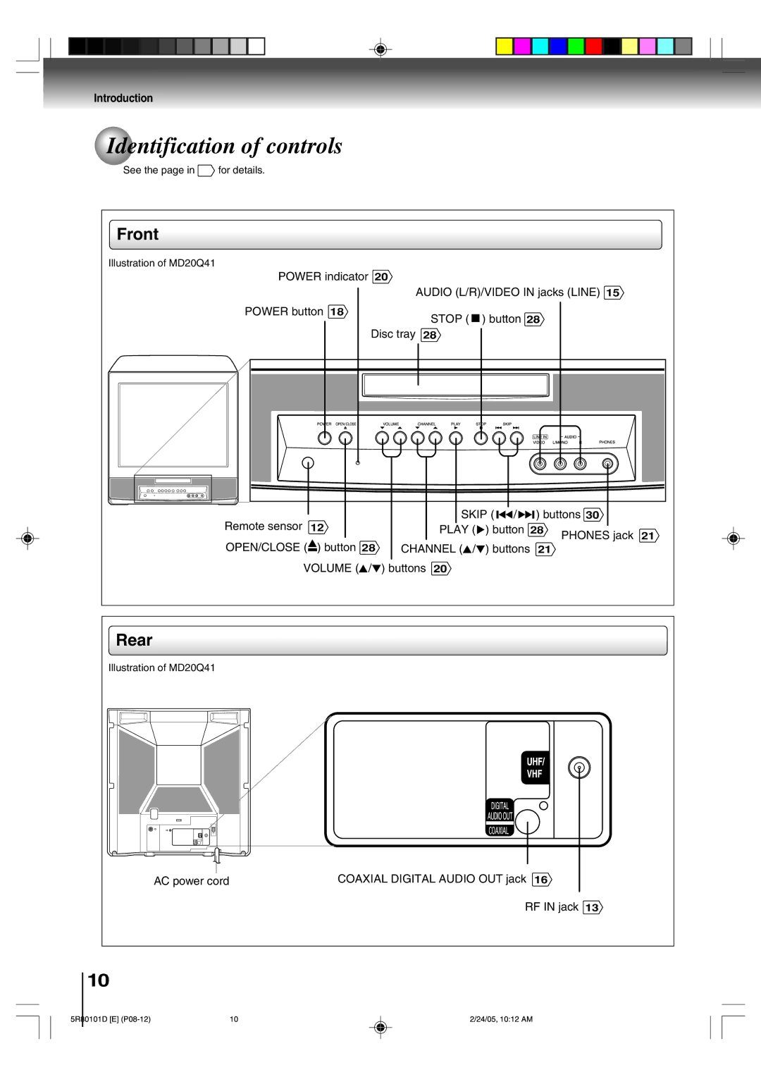 Toshiba MD13Q41, MD20Q41 owner manual Identification of controls, Front, Rear 