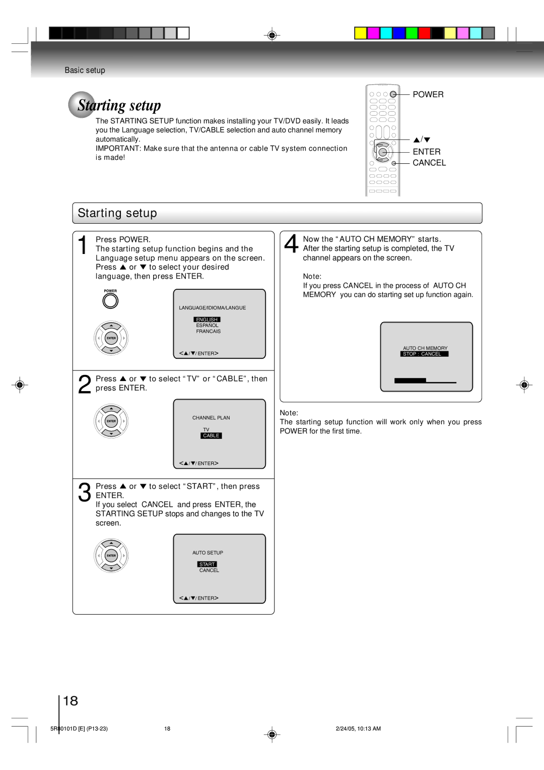 Toshiba MD13Q41 Starting setup, Press or to select TV or CABLE, then press Enter, Press or to select START, then press 