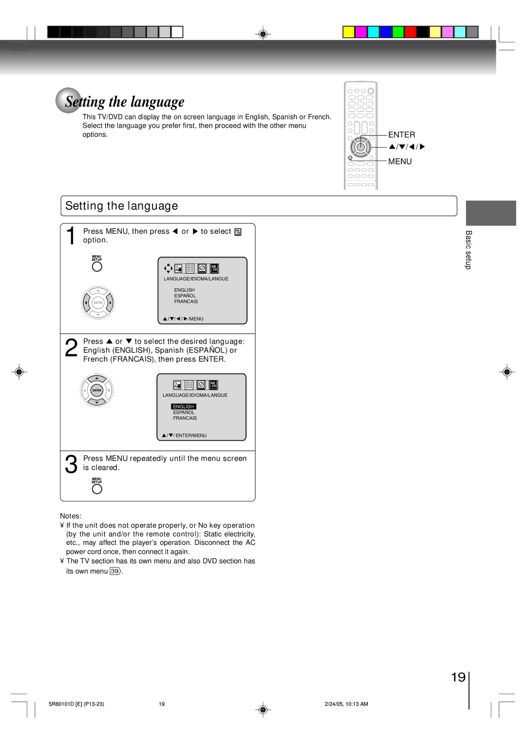 Toshiba MD20Q41, MD13Q41 owner manual Setting the language, Press MENU, then press or to select option, Basic setup 