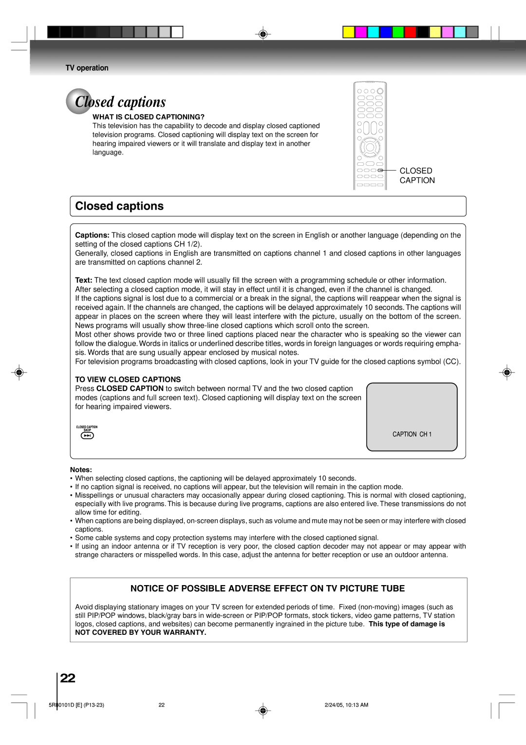 Toshiba MD13Q41 Closed captions, What is Closed CAPTIONING?, To View Closed Captions, Not Covered by Your Warranty 