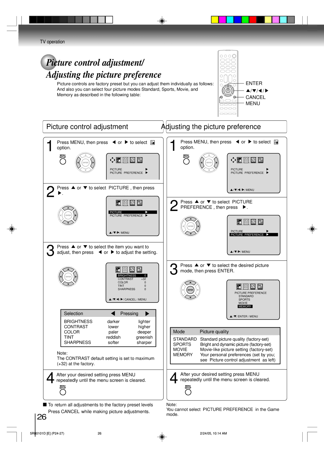 Toshiba MD13Q41, MD20Q41 owner manual Picture control adjustment Adjusting the picture preference 