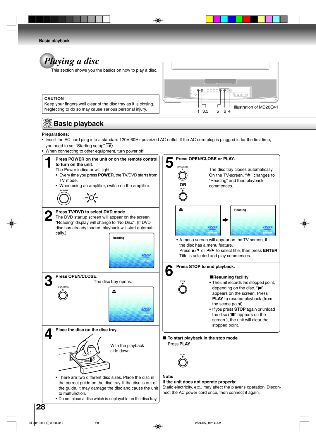 Toshiba MD13Q41, MD20Q41 owner manual Playing a disc, Vcdcd Basic playback 