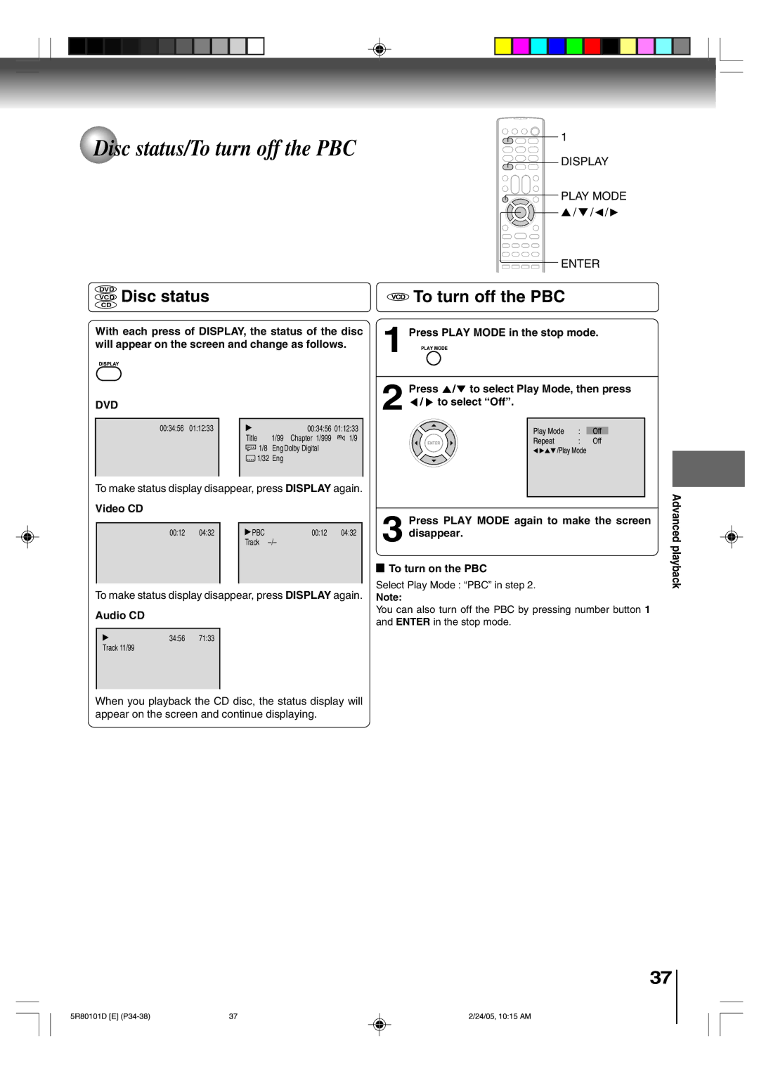 Toshiba MD20Q41, MD13Q41 owner manual VCD Disc status, VCD To turn off the PBC 