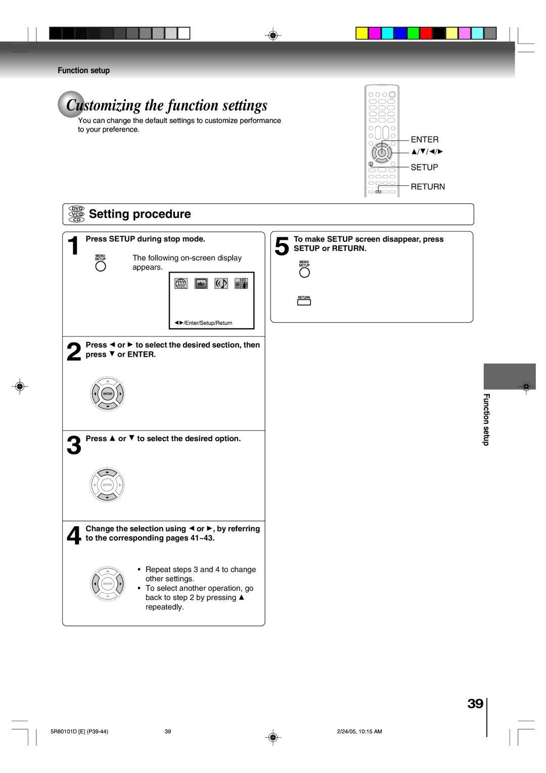 Toshiba MD20Q41 Customizing the function settings, VCD Setting procedure, Press Setup during stop mode, Setup or Return 