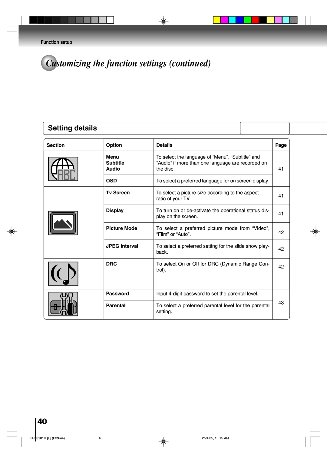 Toshiba MD13Q41, MD20Q41 owner manual Setting details, Osd 