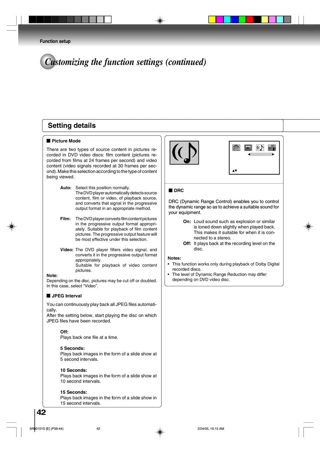 Toshiba MD13Q41, MD20Q41 owner manual Picture Mode, Drc, Jpeg Interval, Off, Seconds 