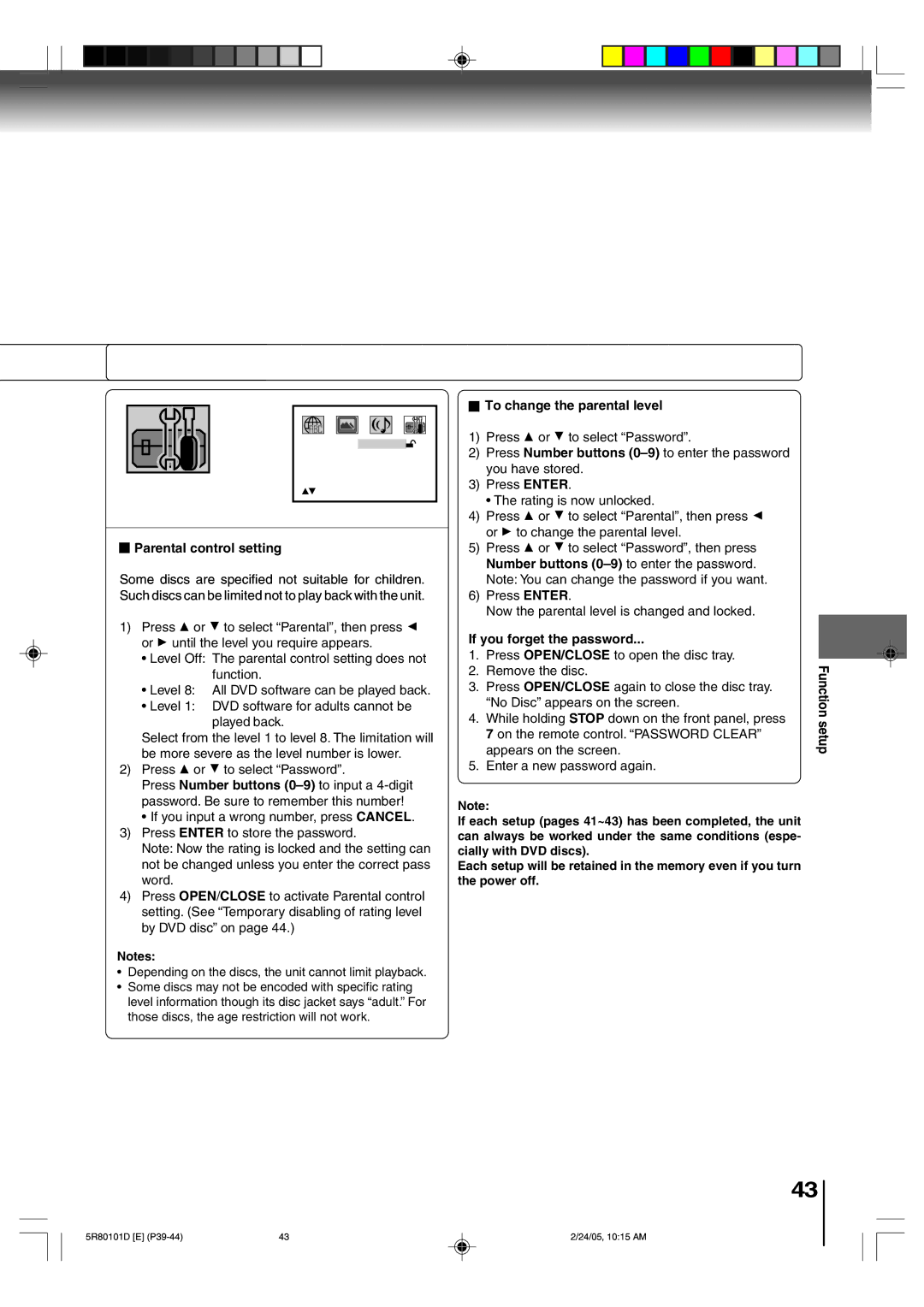 Toshiba MD20Q41, MD13Q41 owner manual Parental control setting, To change the parental level, If you forget the password 