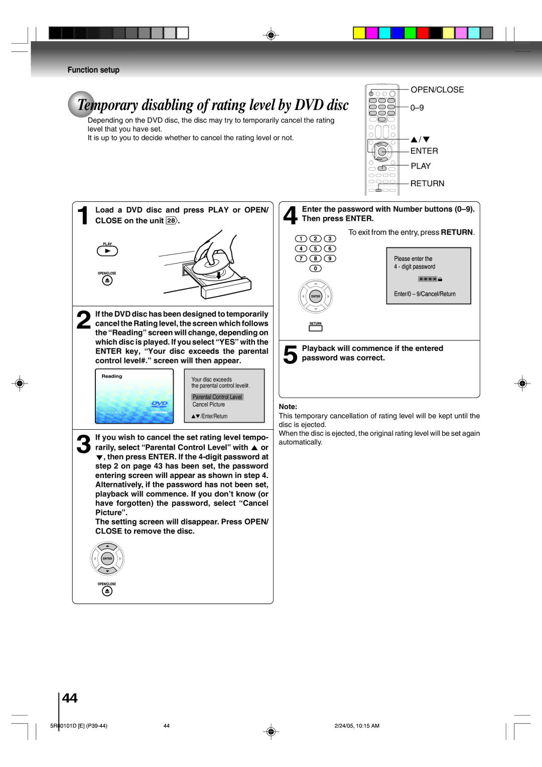 Toshiba MD13Q41 Temporary disabling of rating level by DVD disc, Load a DVD disc and press Play or OPEN/ Close on the unit 